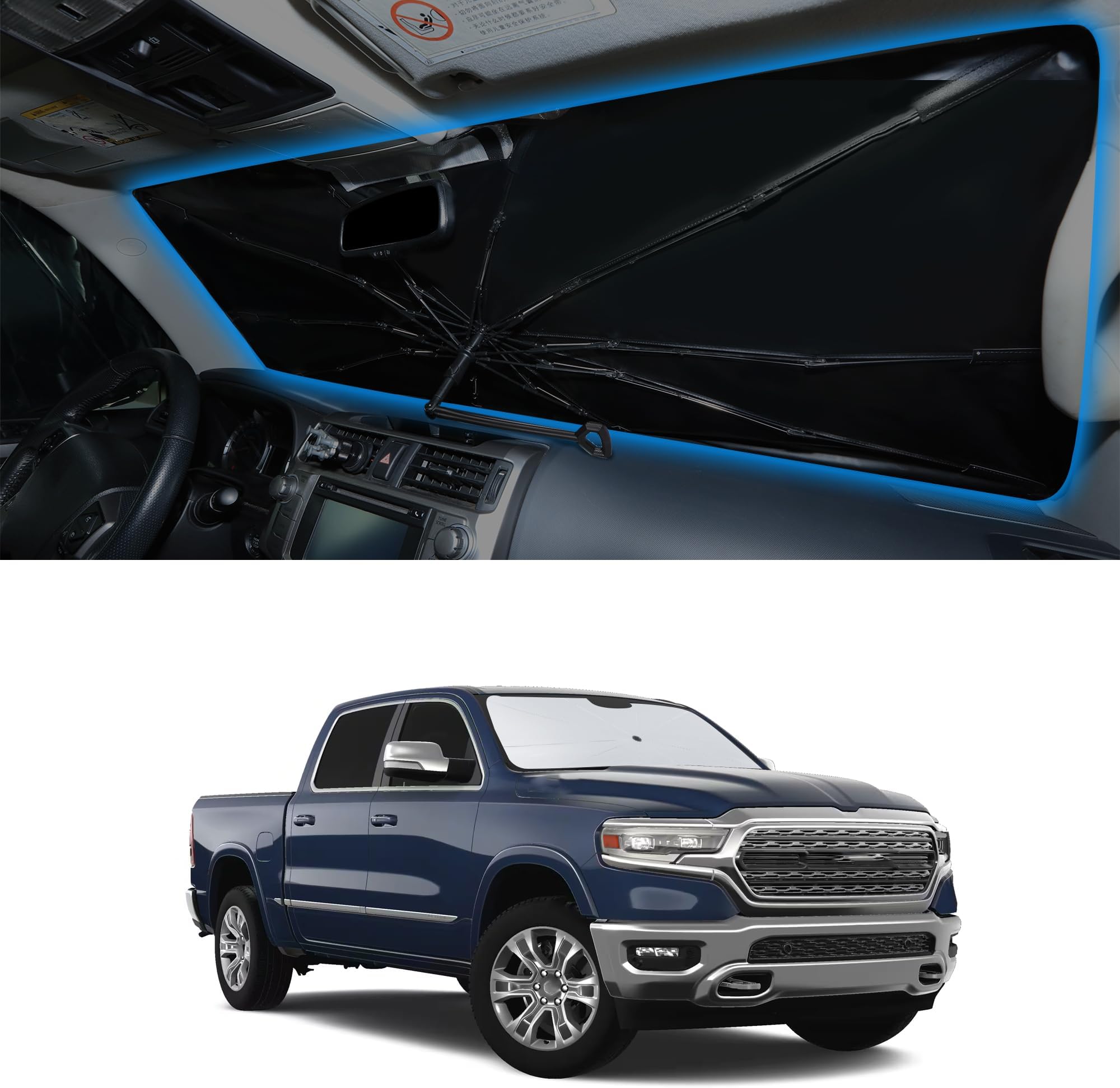 Windshield Sun Shade Umbrella for 2019-2024 2025 Dodge RAM 1500 Accessories CrewCab,MegaCab Pickup,2Dr RegularCab,4Dr QuadCab Custom Fit Foldable Sunshade