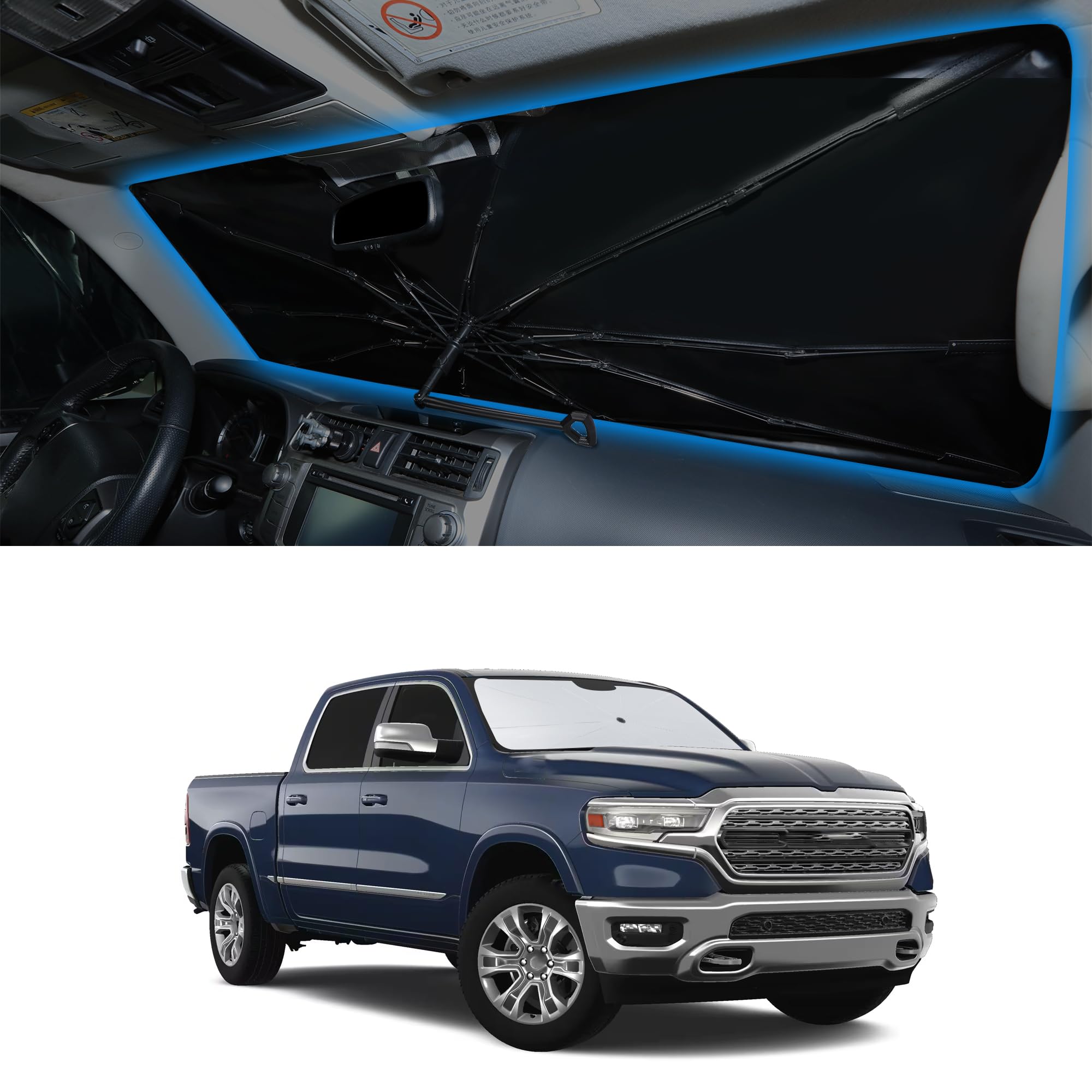 Windshield Sun Shade Umbrella for 2019-2024 2025 Dodge RAM 1500 Accessories CrewCab,MegaCab Pickup,2Dr RegularCab,4Dr QuadCab Custom Fit Foldable Sunshade