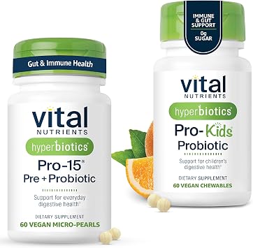 Hyperbiotics Vital Nutrients Family Probiotic Bundle Pro-15 Prebiotics + Probiotics for Adults 60 Time Release Pearls & Pro-Kids Chewable Probiotic Tablets 60 Count