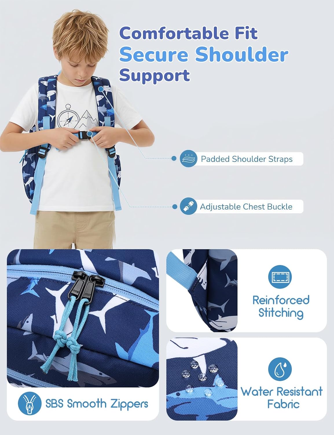 Kids Backpack for Boys Ages 5-10 | 16-Inch Shark Elementary School Bookbag | Water Resistant & Lightweight for Travel