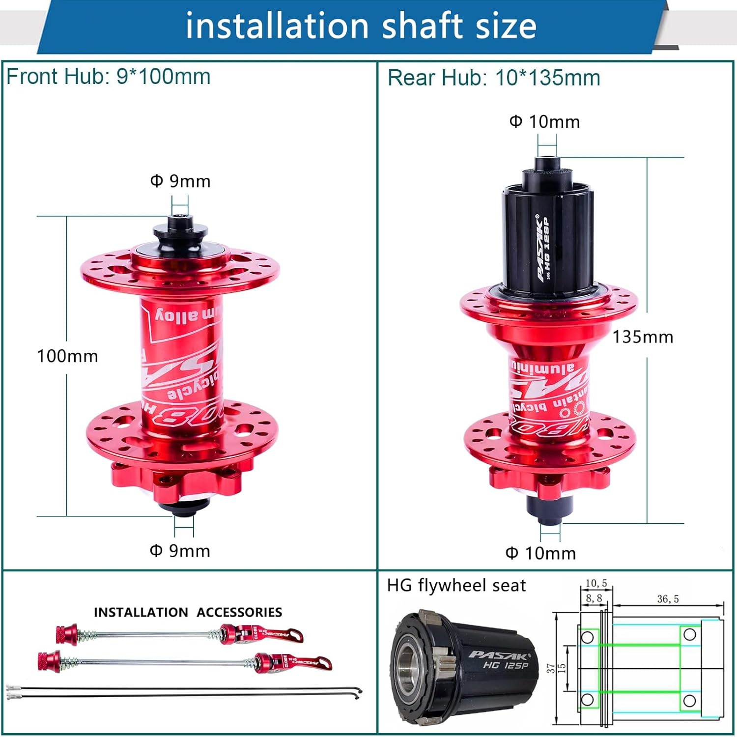 AuroraXQ 26"/27.5"/29" MTBs Wheelset, Disc Brake 32H Aluminum Alloy Rims & HG Hubs Front Wheel 100x9mm / 135x10mm Rear Wheels Compatible 7-12 Speed and 1.25~2.25" Tire(Red,26 inch)