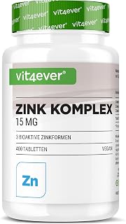 vit4ever Zink Komplex 15 mg mit 400 Tabletten - 3-fach Zink Bisglycinat, Gluconat & Citrat - Langzeitvorrat, hochdosiert, vegan