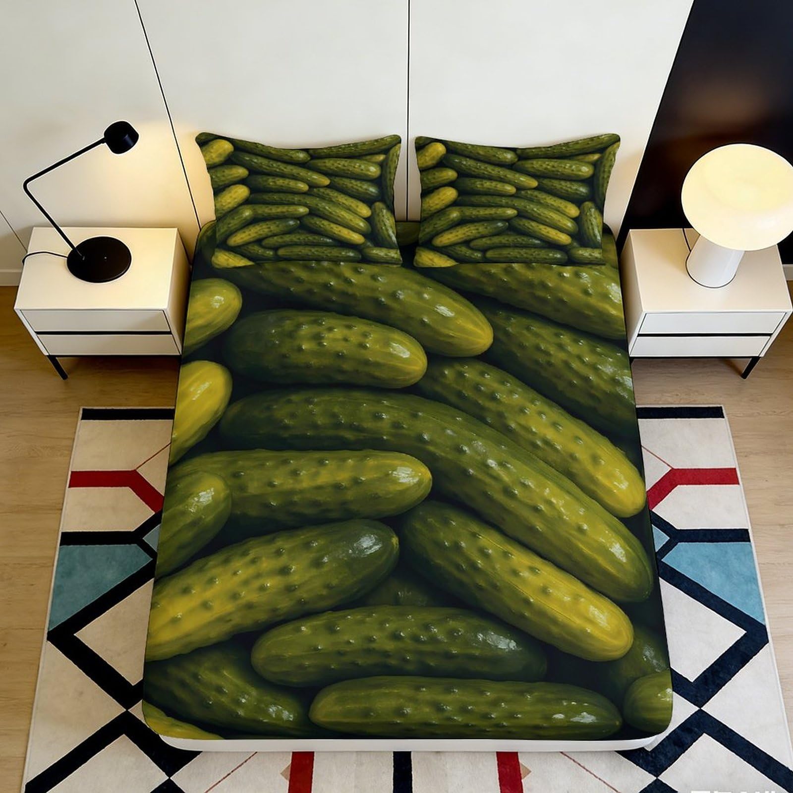3D Printed Cucumber Pattern Fitted Sheet Microfiber Mattress Cover Green Vegetable Decor for Bedroom Dorm Protection 90x200x25cm