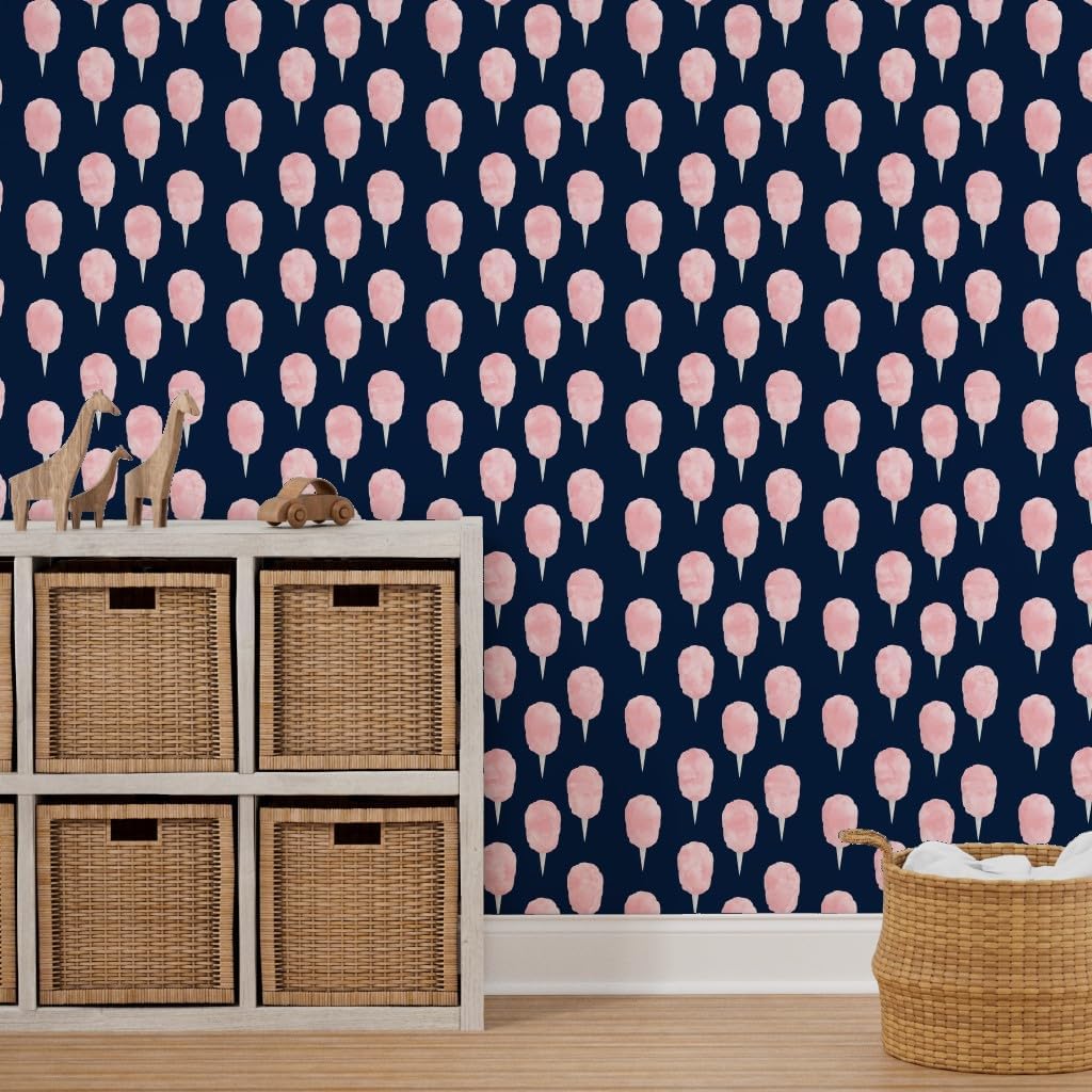 Spoonflower Peel & Stick Wallpaper 3ft x 2ft - Cotton Candy Pink Navy Trendy Fair Food Junk Fairy Floss Custom Removable Wallpaper
