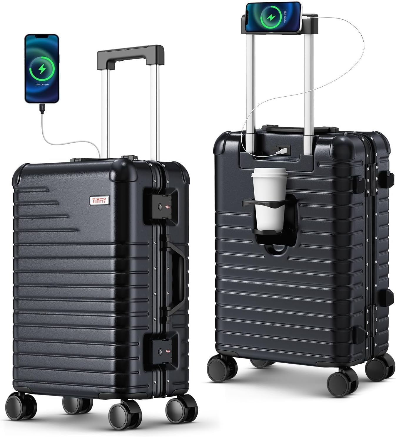 20 Inch Carry on Luggage with Cup Holder, Airline Approved 22x14x9 Aluminum Frame PC Hard Shell Suitcase, 360° Spinner Wheels, TSA Lock for Short Trips and Business Travel