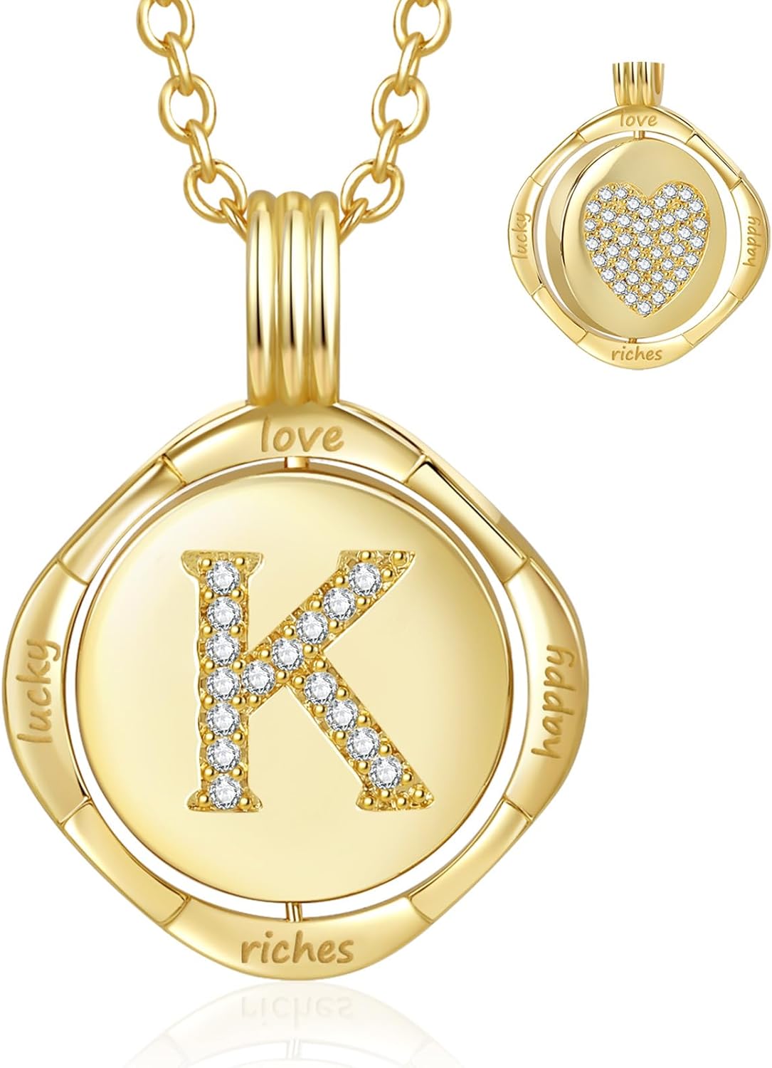 Gold Initial Necklace for Women - 14K Gold Plated Heart Necklaces, Double Rotating ...