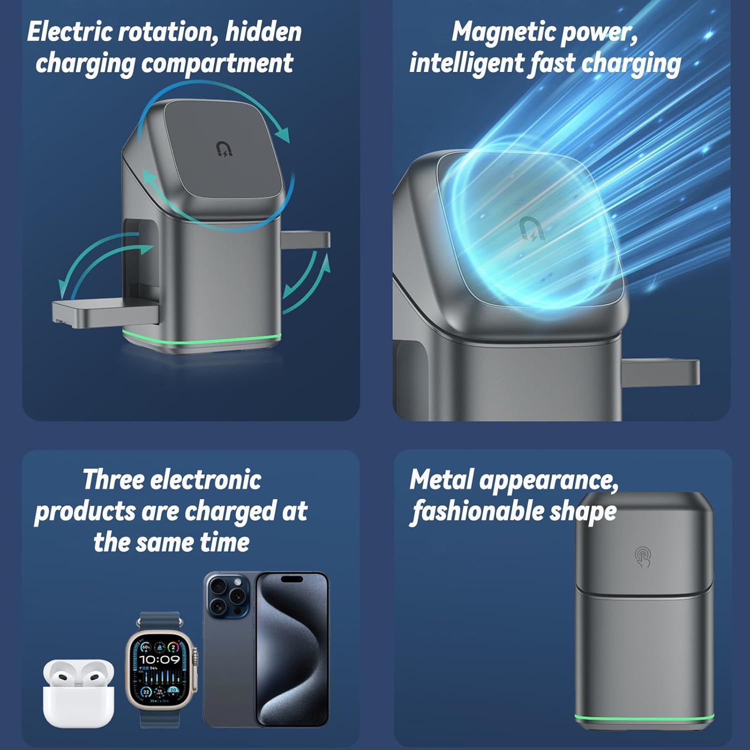 Subsistenceed Cargador inalámbrico 3 en 1, estación de carga táctil multidispositivo con soporte magnético de rotación automática de 15 W, base de carga rápida plegable para teléfonos inteligentes