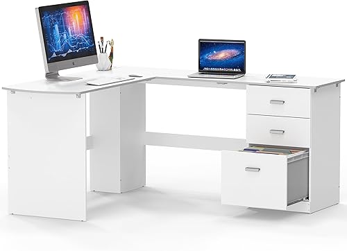 Miniatura 4 de SHW Escritorio esquinero de madera en forma de L de 51 x 59 pulgadas para oficina en casa con cajones de archivos, color blanco
