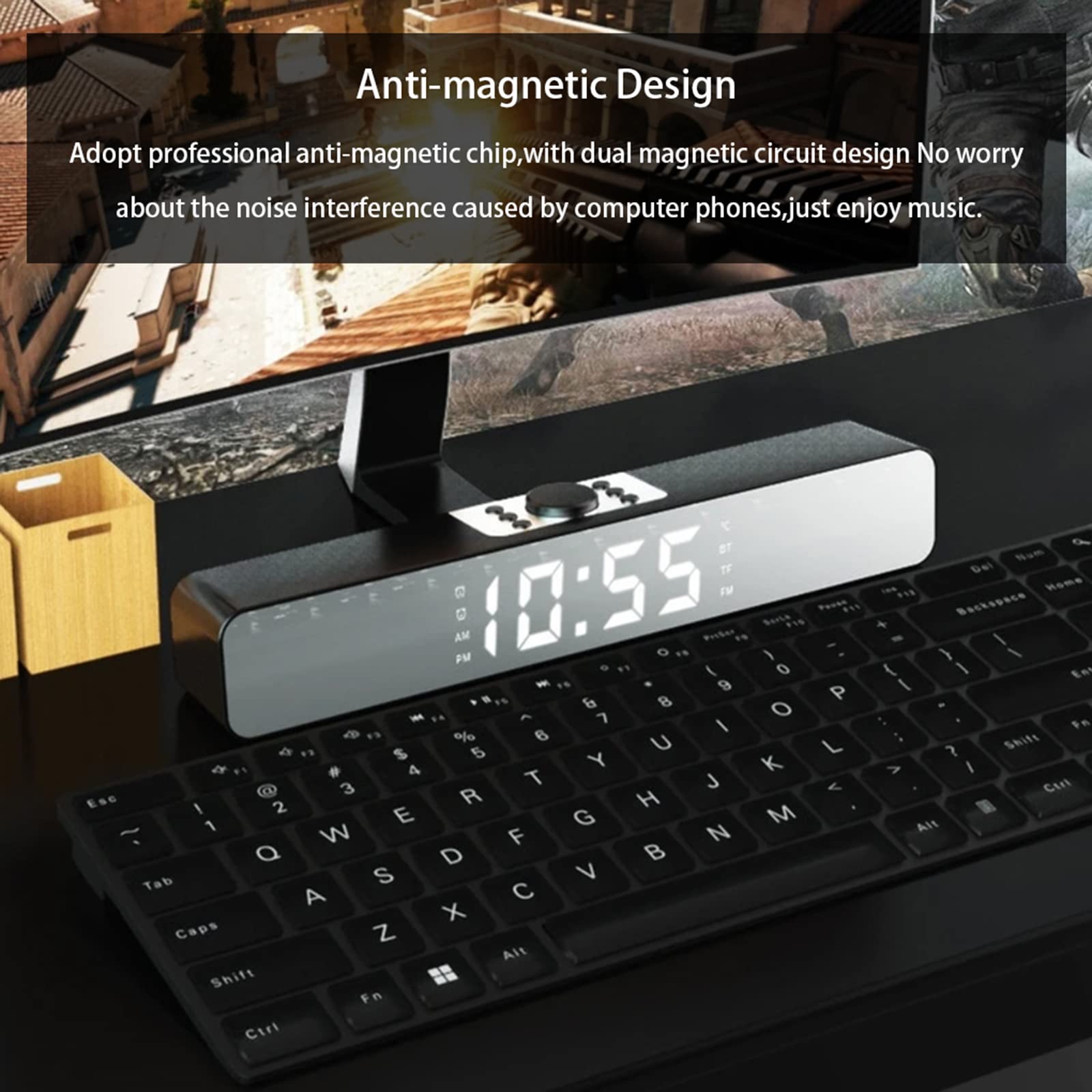 Reloj despertador con barra de sonido con Bluetooth, radio FM, subwoofer inalámbrico, pantalla LED para cine en casa y TV