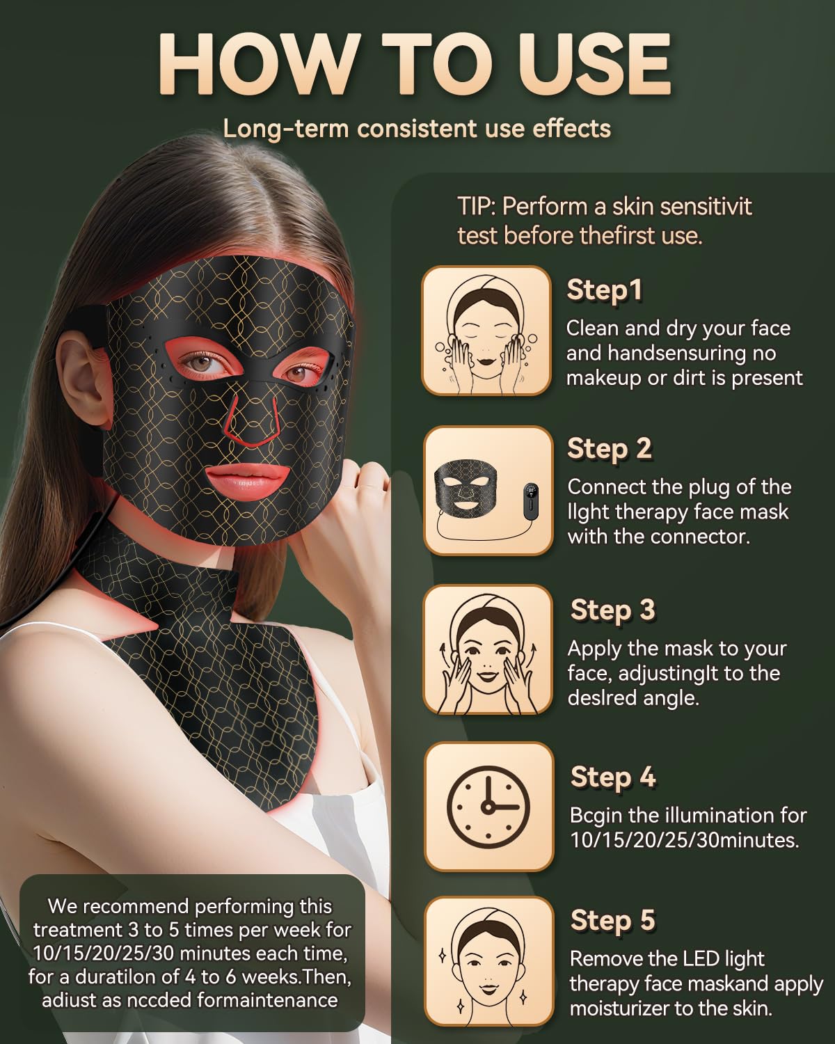 LED Maske Gesicht & Hals, Gesichtsmaske Lichttherapie mit 7 Modi, 608 Perlen Red Light Therapy Face Mask, 855nm NIR, Aufladbar Rotlicht Gesichtsmaske 3000 mAh, Verstellbare Bänder für Hause