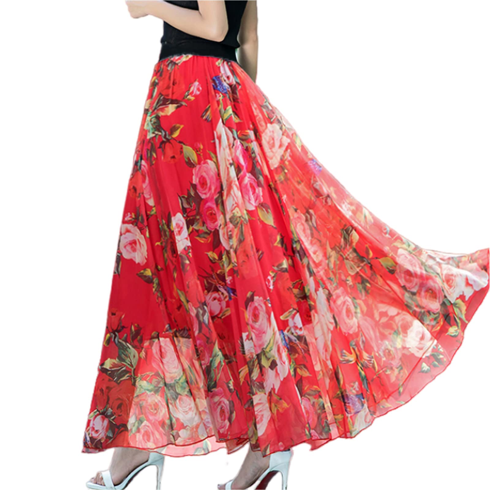 URYYRIT Strandkleid Rock Sommer Großer Schwung Chiffon Blumenrock Frauen Bohemian Strand Langer Rock-M,H