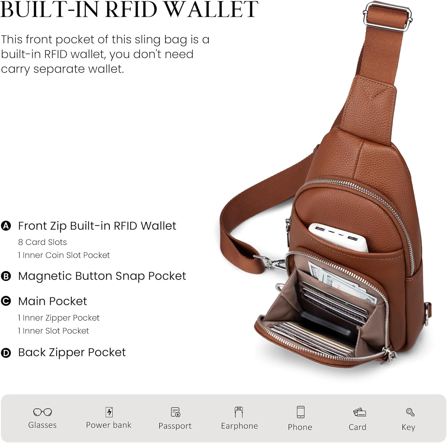 befen Genuine Leather Small Crossbody Sling Bags for Women Anti-Theft Fanny Packs Chest Bags Purse with Built in RFID Wallet - Image 3