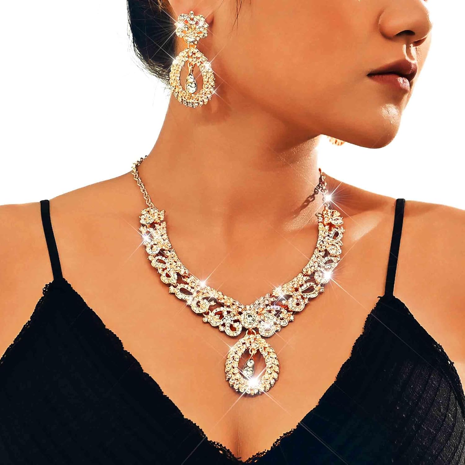 Unicra Rhinestone Gold Indian Jewelry Sets Wedding Bollywood Necklace Earrings Set Formal Prom Costume Jewelry Set for Women and Brides - Image 4