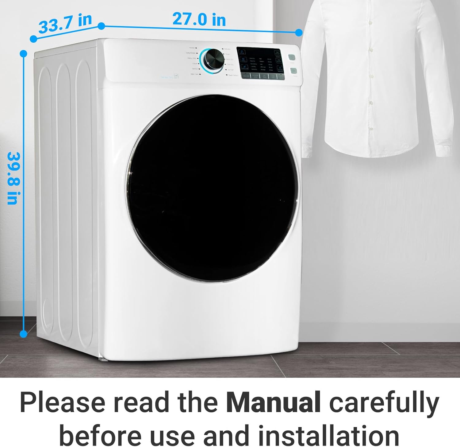 Diagram showing the dimensions of the Techomey 8 Cu.Ft. Electric Clothes Dryer: 33.7 inches deep, 27 inches wide, and 39.8 inches high.