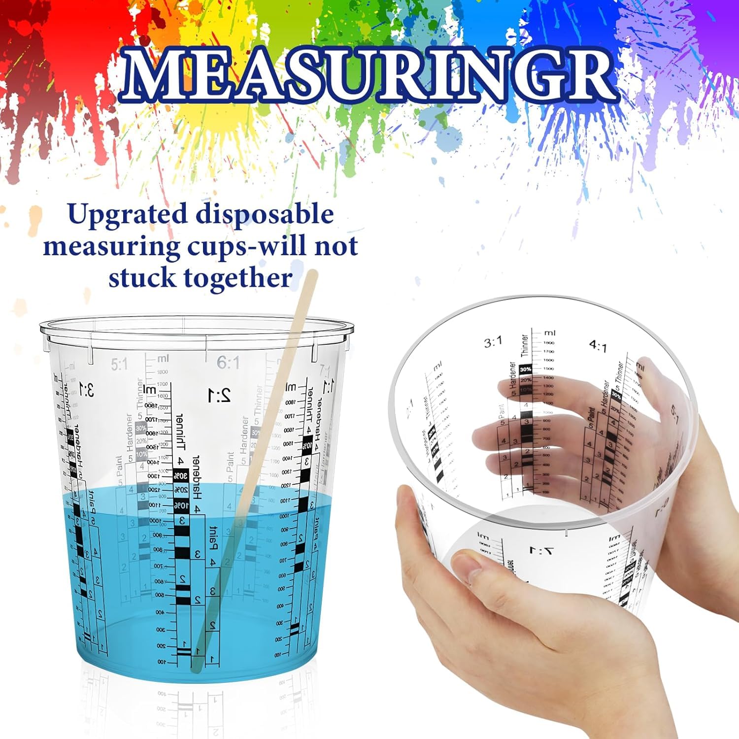 Lot de 24 gobelets mélangeurs de peinture - 2250 ml - Transparent - Avec agitateurs - Grand verre doseur jetable avec échelle pour peinture de voiture, résine, résine époxy et liquides