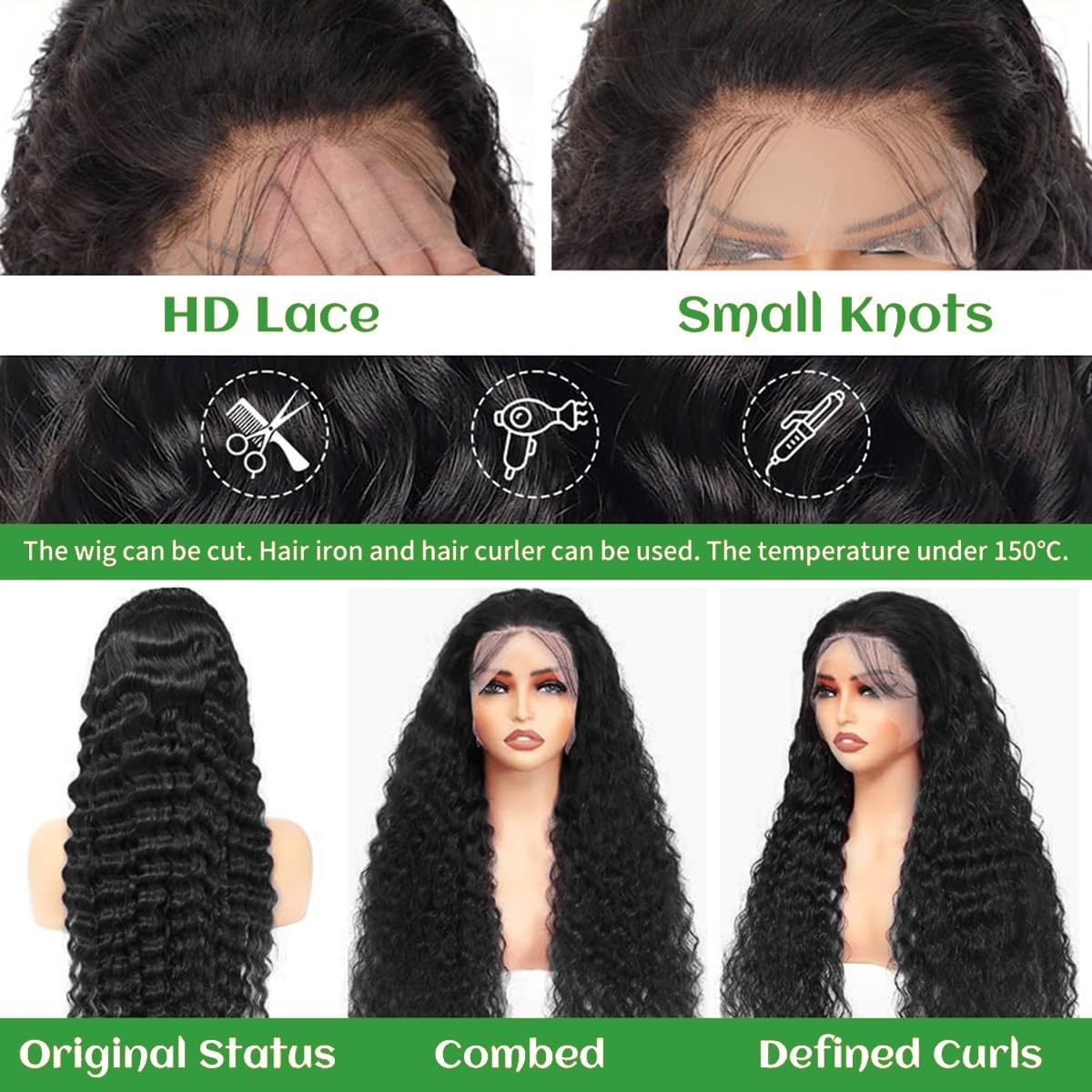 30 Inch Deep Wave Lace Front Wigs Human Hair 200 Density 13x6 HD Lace Front Wigs Human Hair Pre Plucked Brazilian Curly Wig Wet Wavy Glueless Frontal Wigs for Women Natural Black Deep Wave Wig