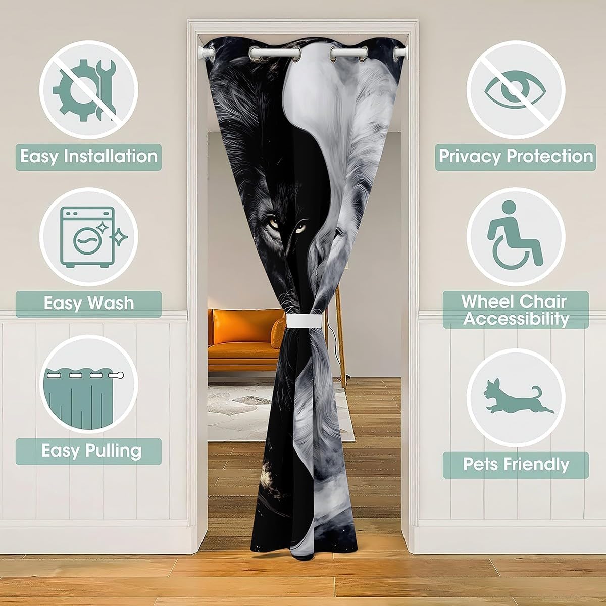 Castle Fairy Wild Lion Couple Door Curtain Tropical African Animal Blackout Curtain for Girls Boys Kids Black and White Doorway Curtain Lions Wildlife Privacy Door Drape 1 Panel 52" W X 84" L