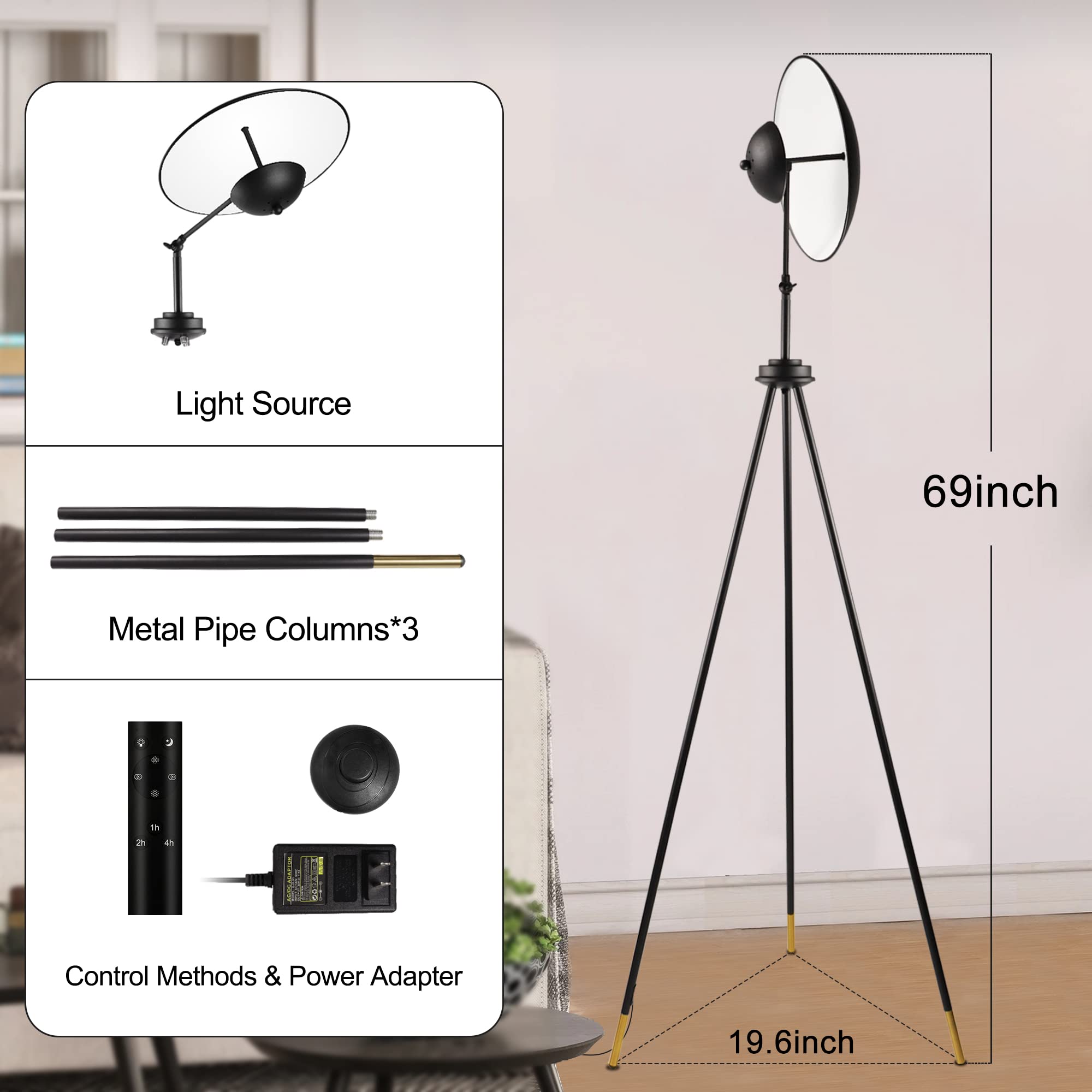 Hisoo Tripod Floor Lamp, Modern Remote Control Standing Lamp with ...