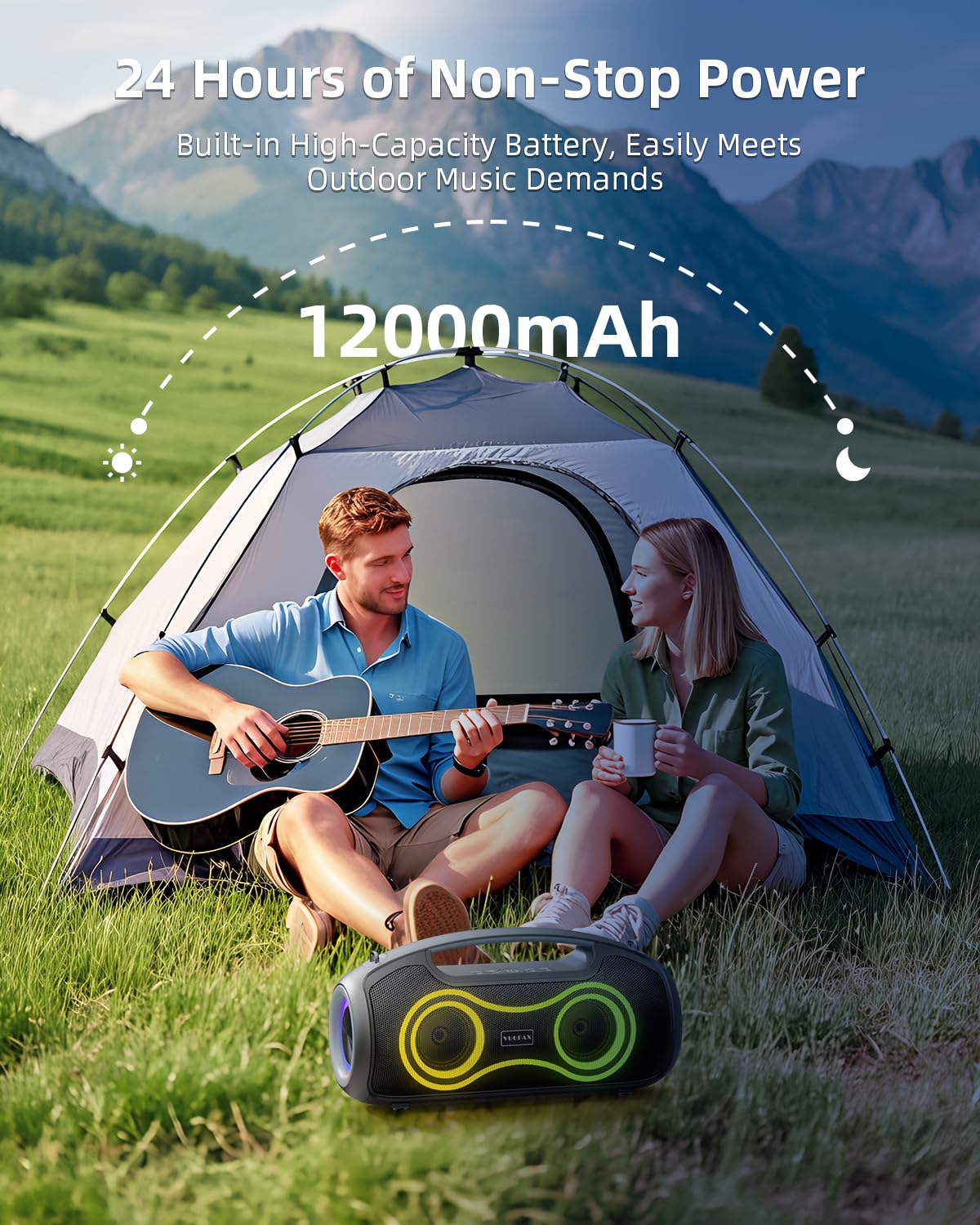 Bluetooth Lautsprecher, (180W Peak) Tragbarer Musikbox mit RGB Lichter, Party Boom box, 2+2 Channel, Boost Bass, IP65 Wasserdicht, 24H, USB-C, EQ, BT 5.3, für Outdoor, Camping, Strand und Garten