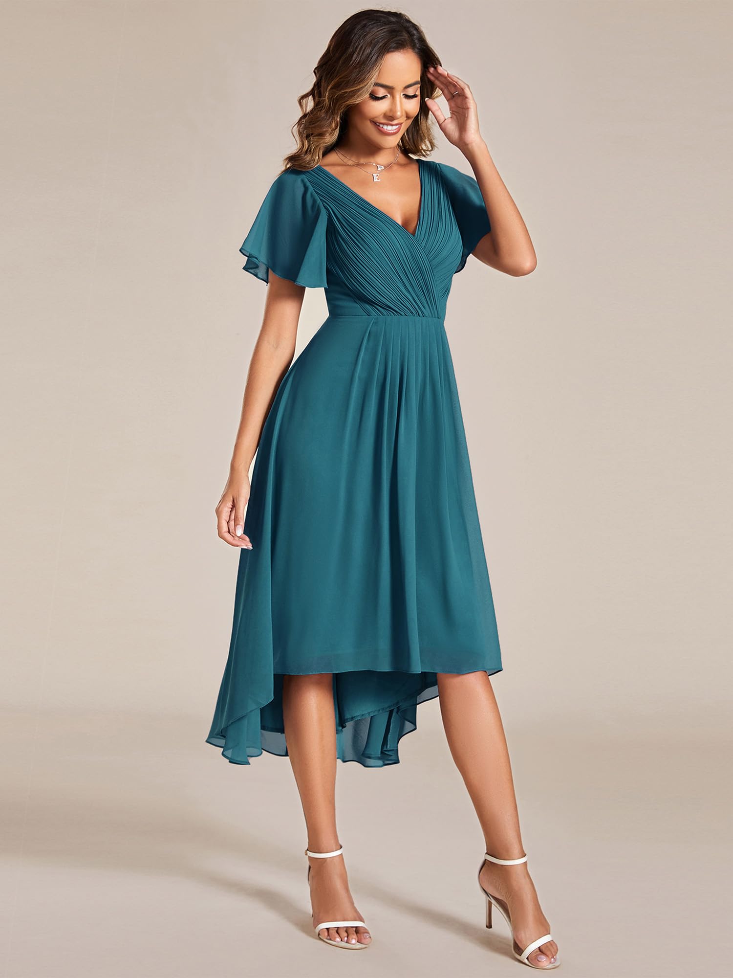 Ever-Pretty Abito estivo da donna in chiffon plissettato con scollo a V corto per ospiti di matrimonio con maniche arricciate 01923
