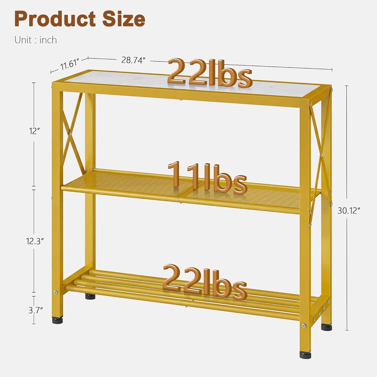 Hoctieon Industrial Console Table, 3 Tier Entryway Table, Metal Frame, Sofa Tables with Shelf, Hallway Desk, Entrance Tables for Entryway, Living Room, Foyer, Hallway, Gold and White