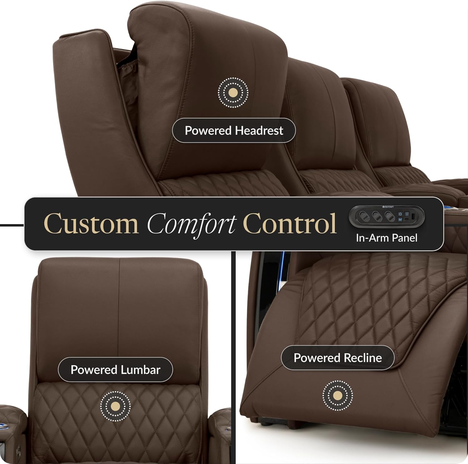 Seatcraft Apex Home Theater Seating, Living Room, Powered Headrest, Powered Lumbar, Powered Recline, Italian Leather, USB Charging, Row of 2, Brown