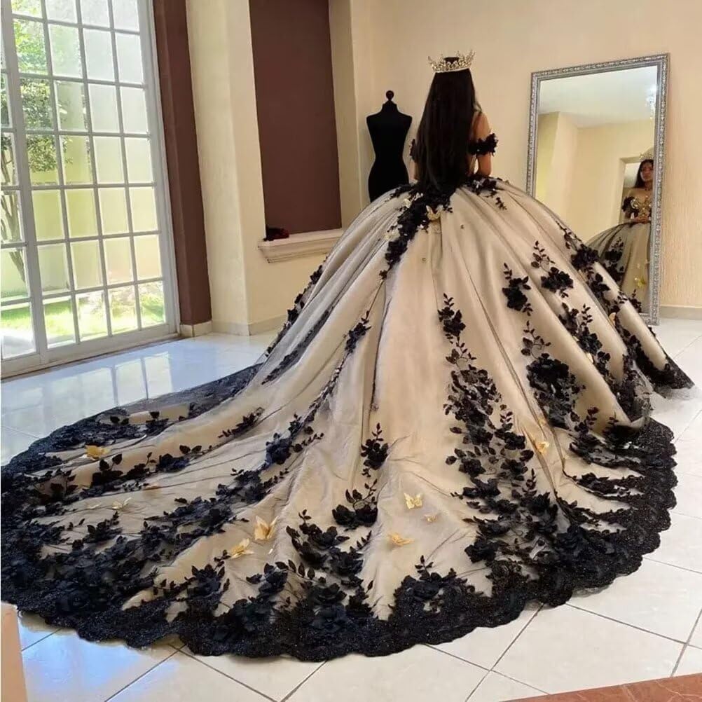 Tulle Quinceanera Dresses with Black Appliques Floral Beaded Sweet 16 Dresses Off Shoulder Party Gown AQ101