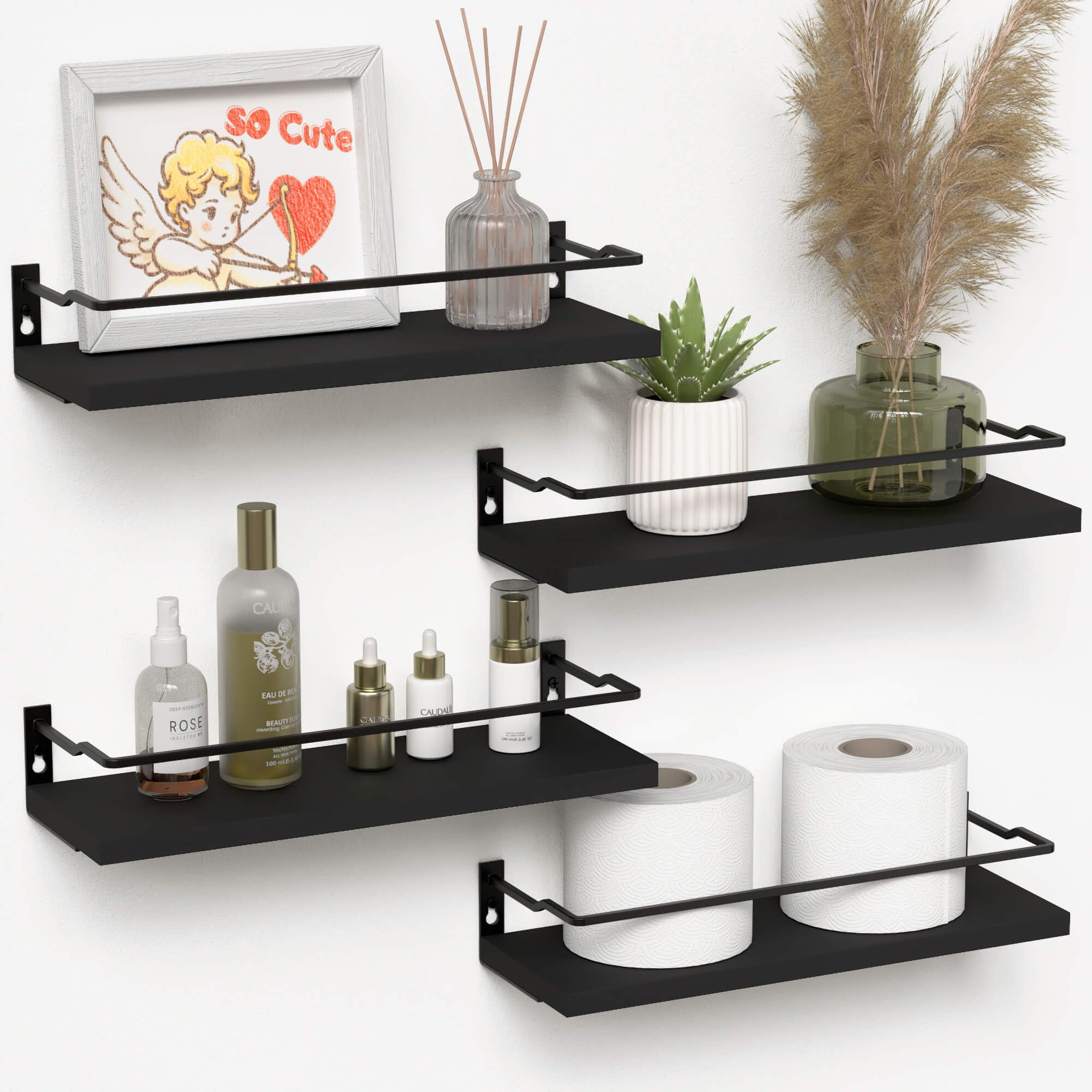 RICHER HOUSE Bathroom Floating Shelves with Guardrail, Set of 4 Rustic Wall Mounted Storage Shelves, Over Toilet - Black