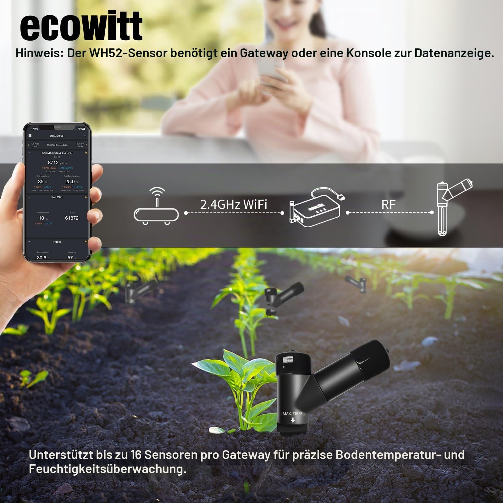 ECOWITT GW1212, 16-Kanal-3-in-1-Bodenfeuchtesensor + Boden-EC-Sensor + Temperaturmesser, Hygrometer für Pflanzen im Innen- und Außenbereich, Boden-Temperatur-Hygrometer-Tester WH52+ GW1200 Gateway