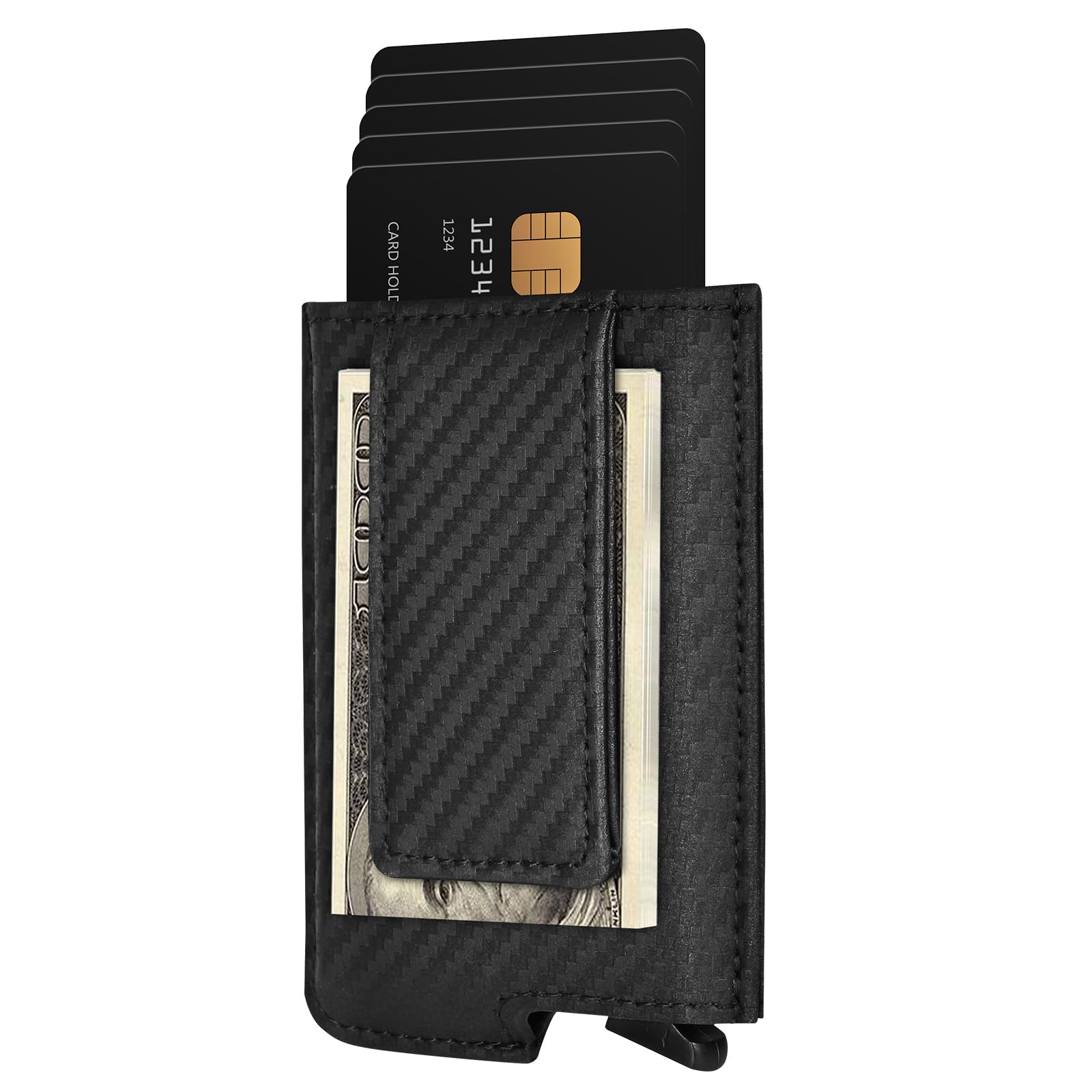 Dinghao RFID Blocking Slim Money Clip Aluminum Wallet Minimalist Automatic Pop-up Card Case (carbon fiberblack)