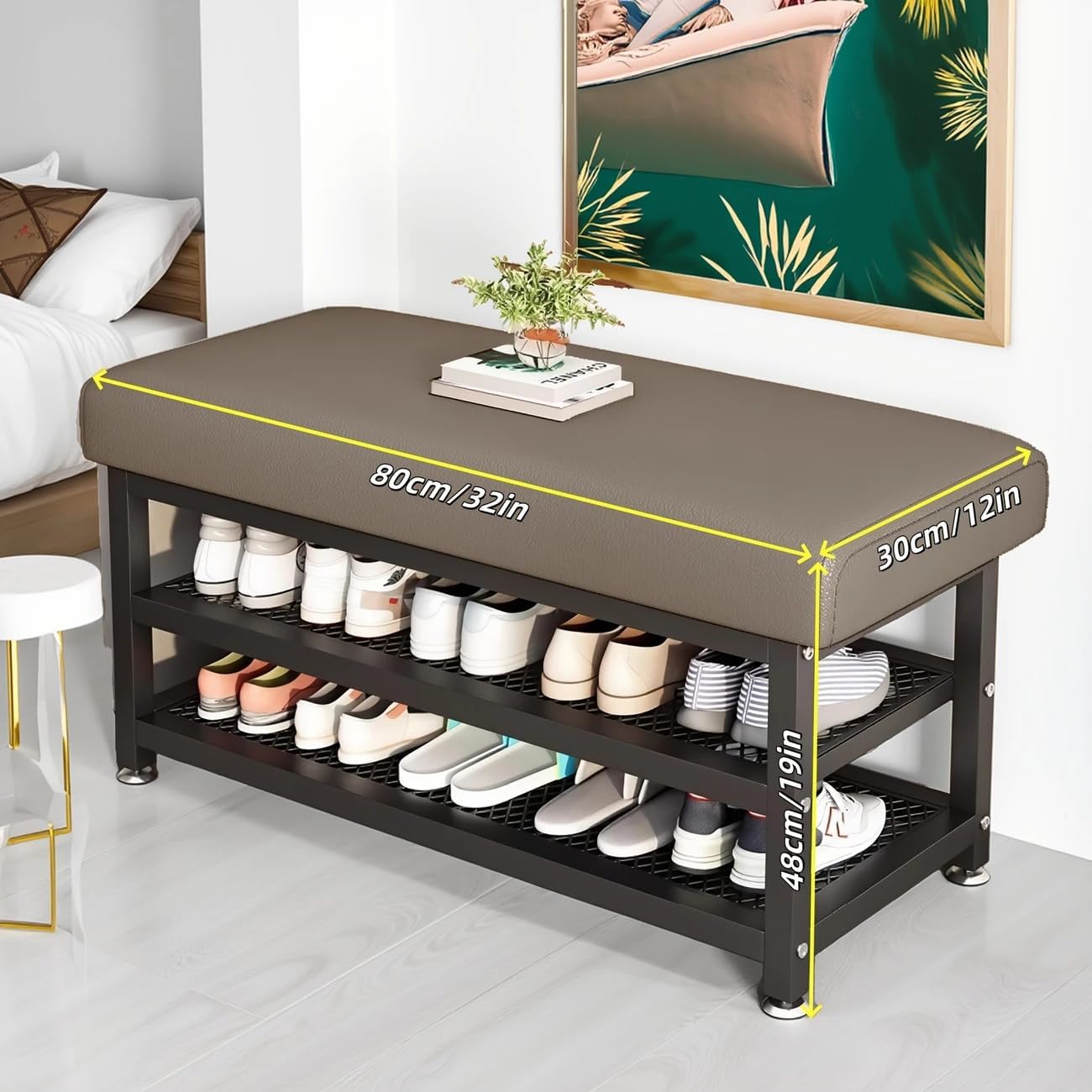 Storage Bench, Shoe Changing Stool with Metal Frame, Cushioned Seat Shoe Bench‌, Multi-Compartment Organizer Rack for Bedroom, Hallway Entrance (Orange, 32)