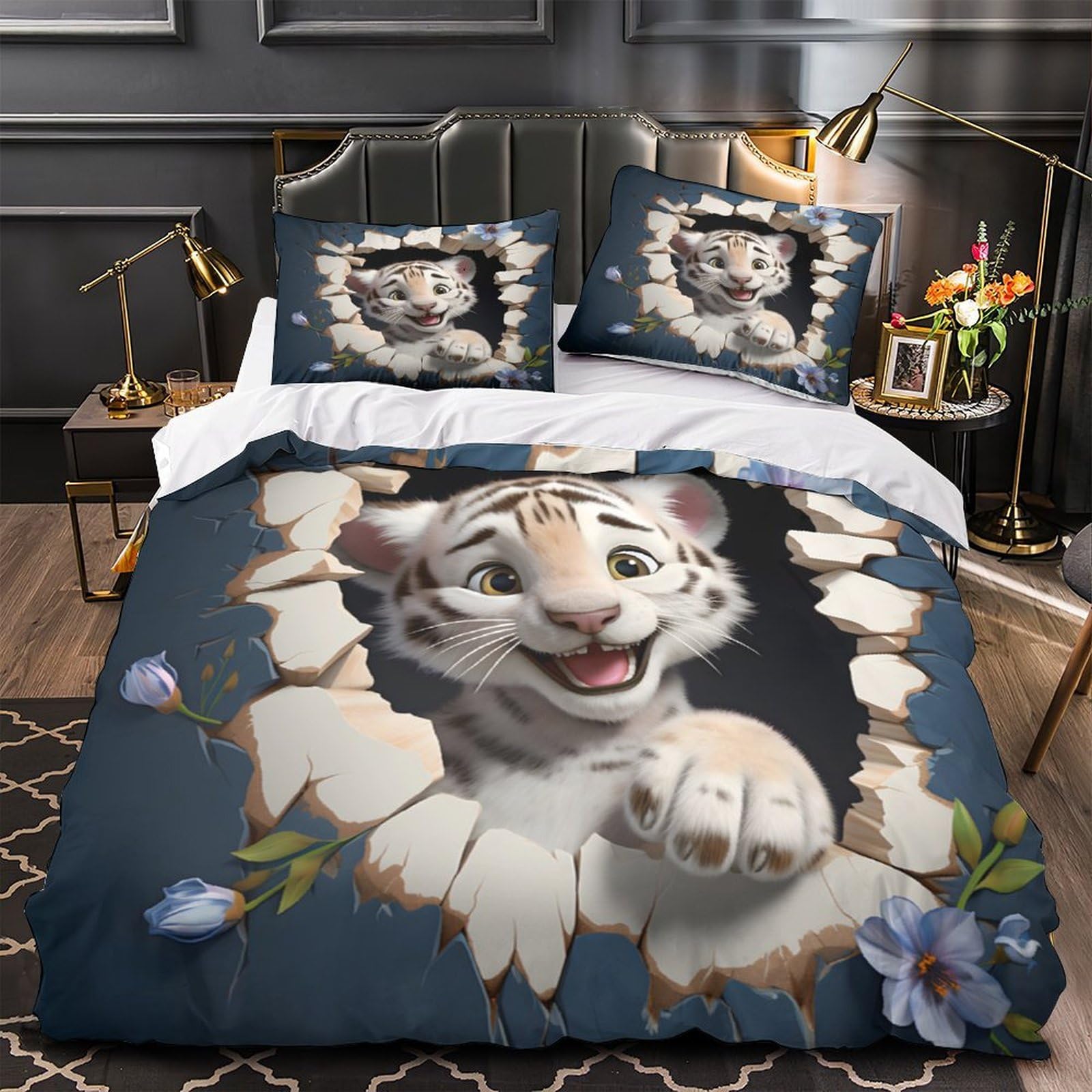 Parure de lit tigre 3D en microfibre 135x200 cm avec housse de couette