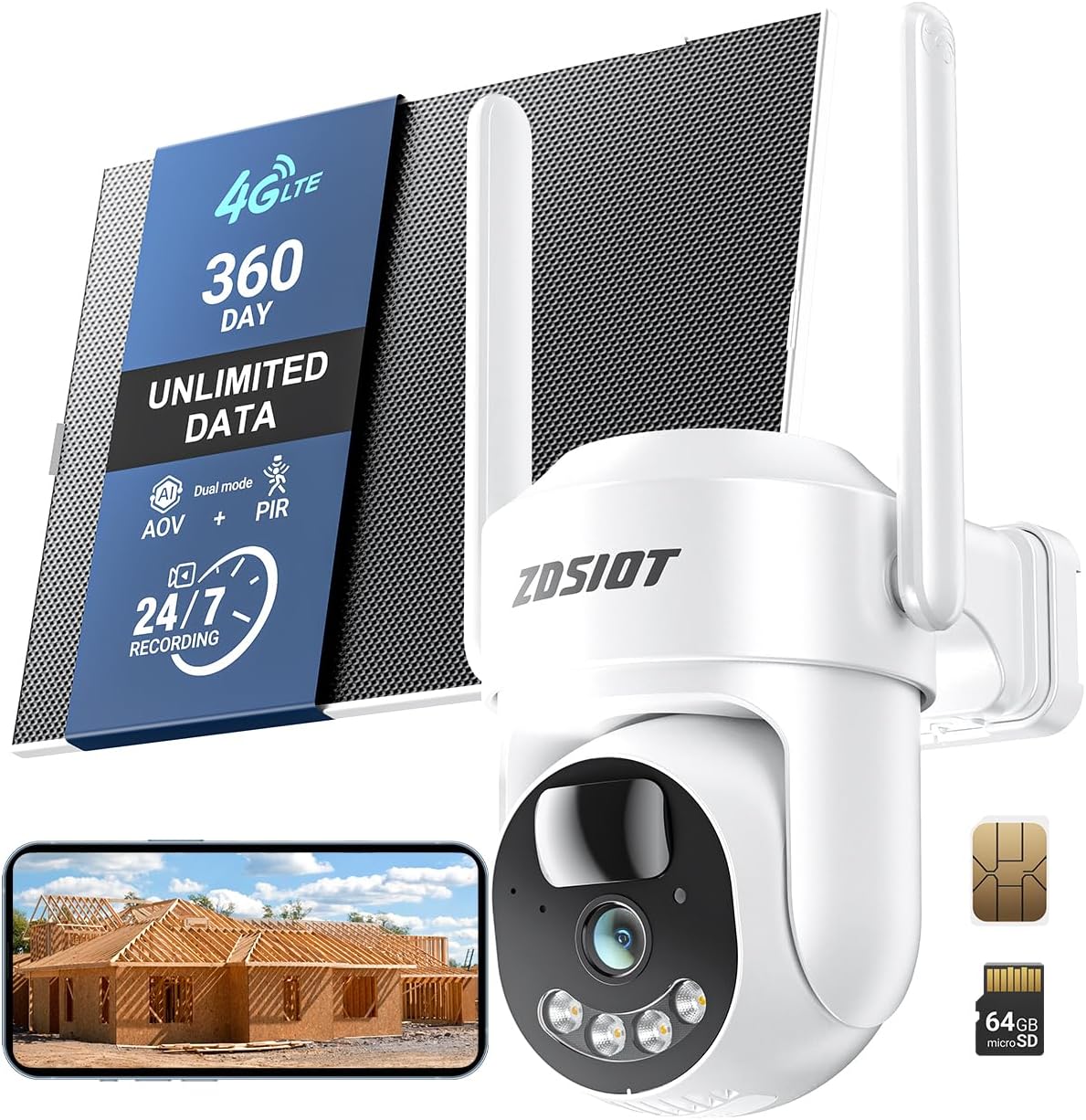 4MP Cellular Security Camera 24/7 Recording with 360-Day SIM Data for Jobsite/Barn/Rural Areas, No WiFi Solar 4G LTE Camera Wireless Outdoor, Motion Detection, 360° Human Tracking, 64GB TF Card