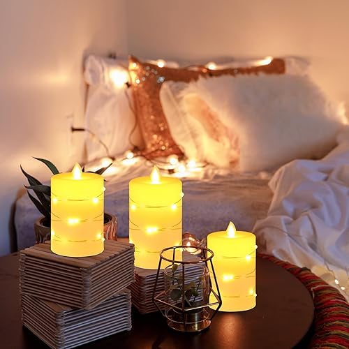 Miniatura 6 de Vela LED sin llama, velas LED con cadena de luces integradas, paquete de 3 velas a pilas con control remoto, función de temporizador de 24 horas,
