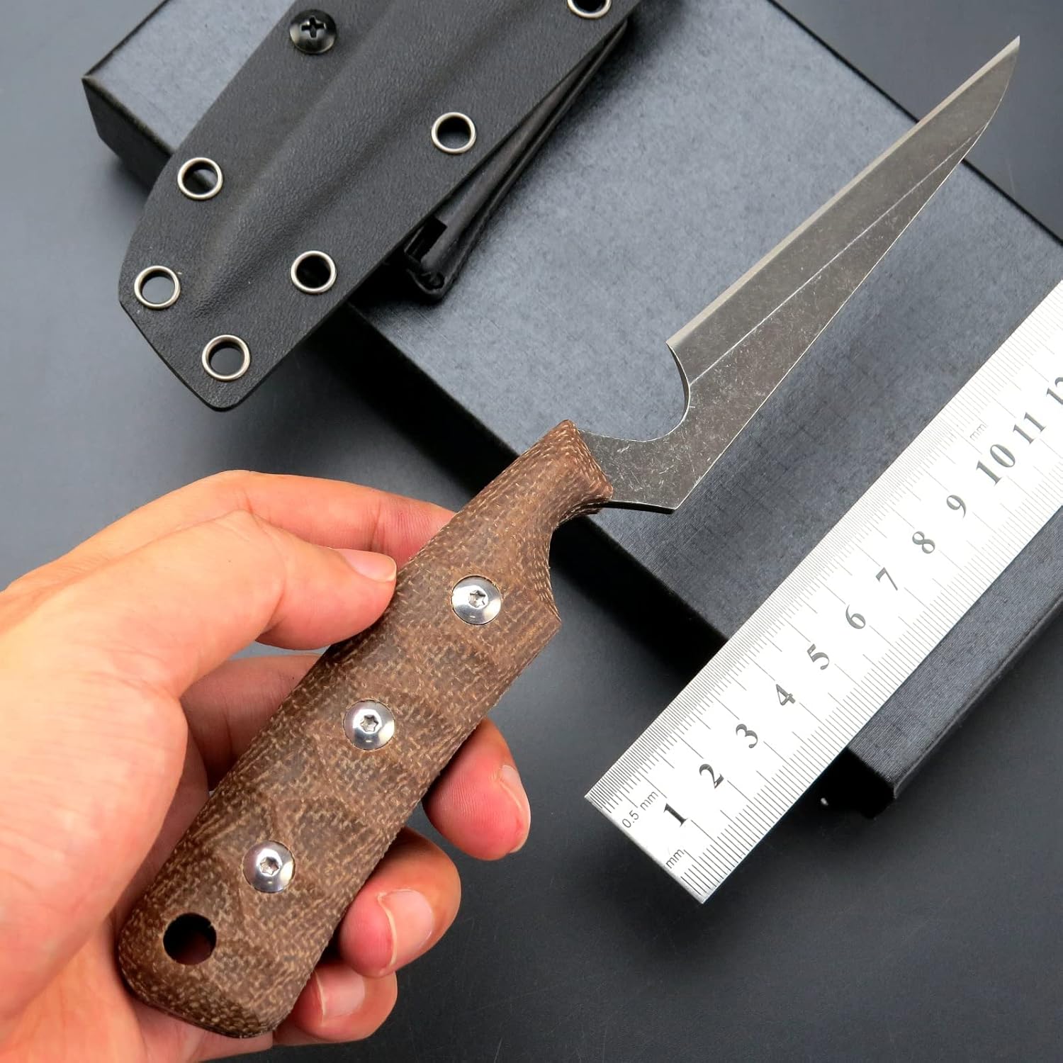 C1291 Fixed Blade Knife Outdoor Camping Hunting Field Knife D2 Blade with Micarta Handle Waist Clip EDC Kydex Sheath(Brown)