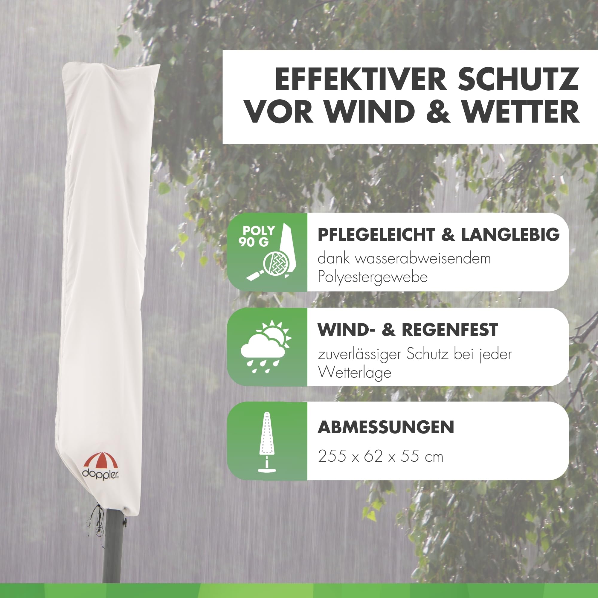 Doppler Gartenschirm Hülle XL für Pendelschirm I Schutzhülle für Sonnenschirm mit max. ø 400cm I witterungsbeständige Schirmabdeckung mit Reißverschluss & Bedienstab