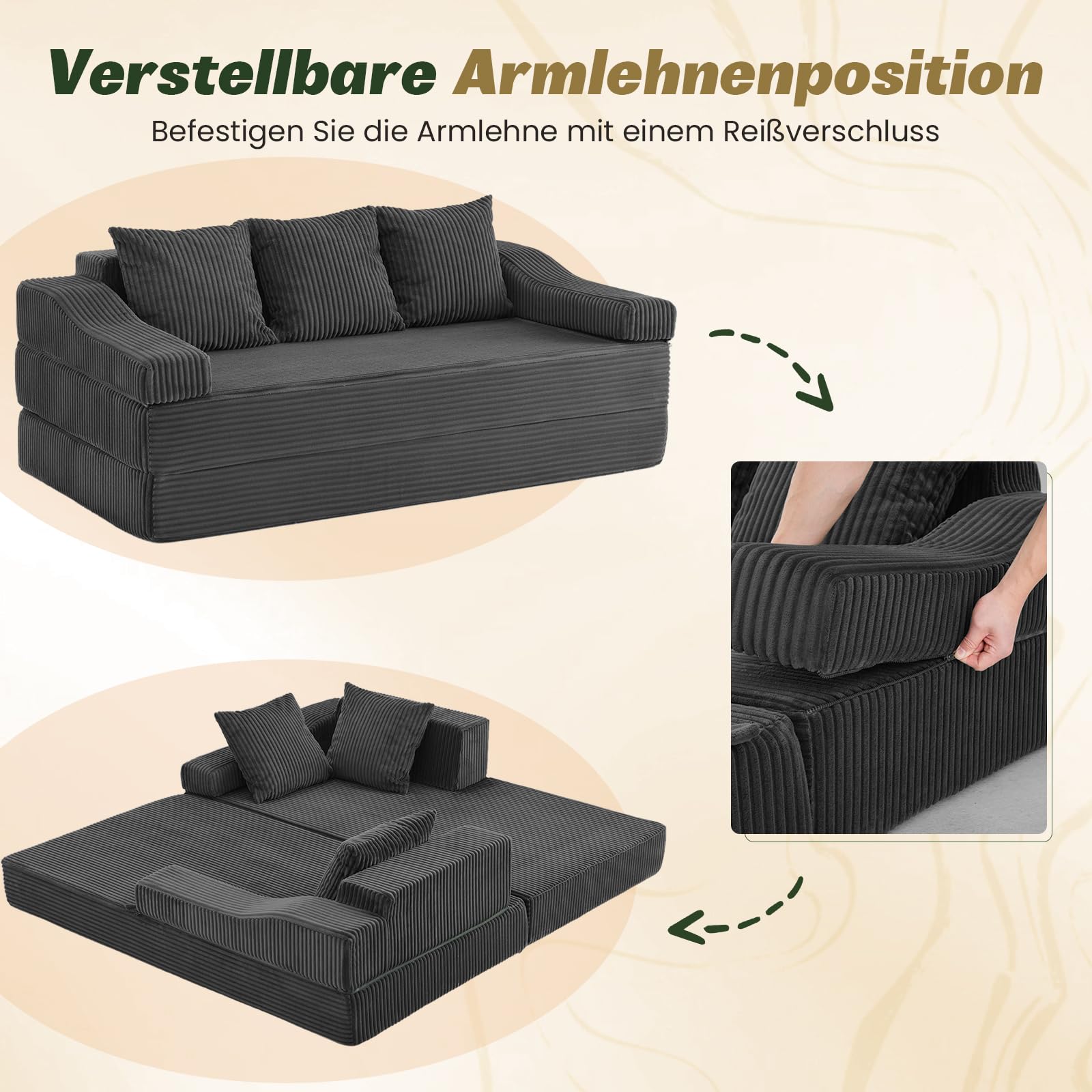 APICIZON Schlafsofa 200cm Breit, Boneless Couch mit Kissen, 3 Sitzer Sofa Bed mit Schlaffunktion, Bodensofa Klappbare Matratze für Wohnzimmer, Schlafzimmer, Gästezimmer (Cord-Dunkelgrau, 200x176cm)