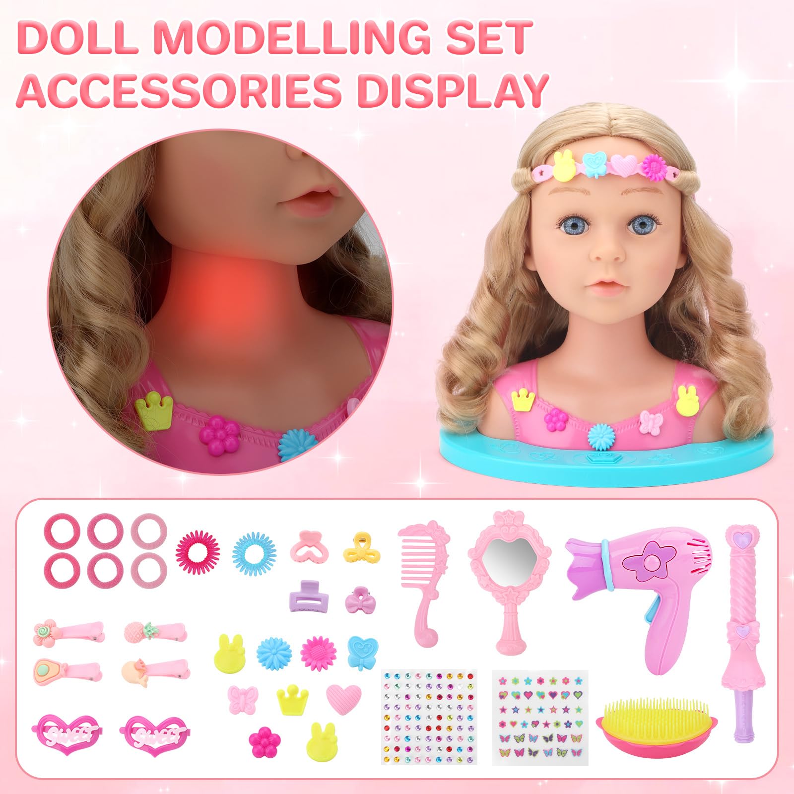 deAO Muñeca para Peinar, Juguete De Cabeza De Estilo con Luces, Muñeca para Peinar y Maquillar con Accesorios, Princess Make-Up and Hairdressing Head, Set Peluqueria Juguete Niña