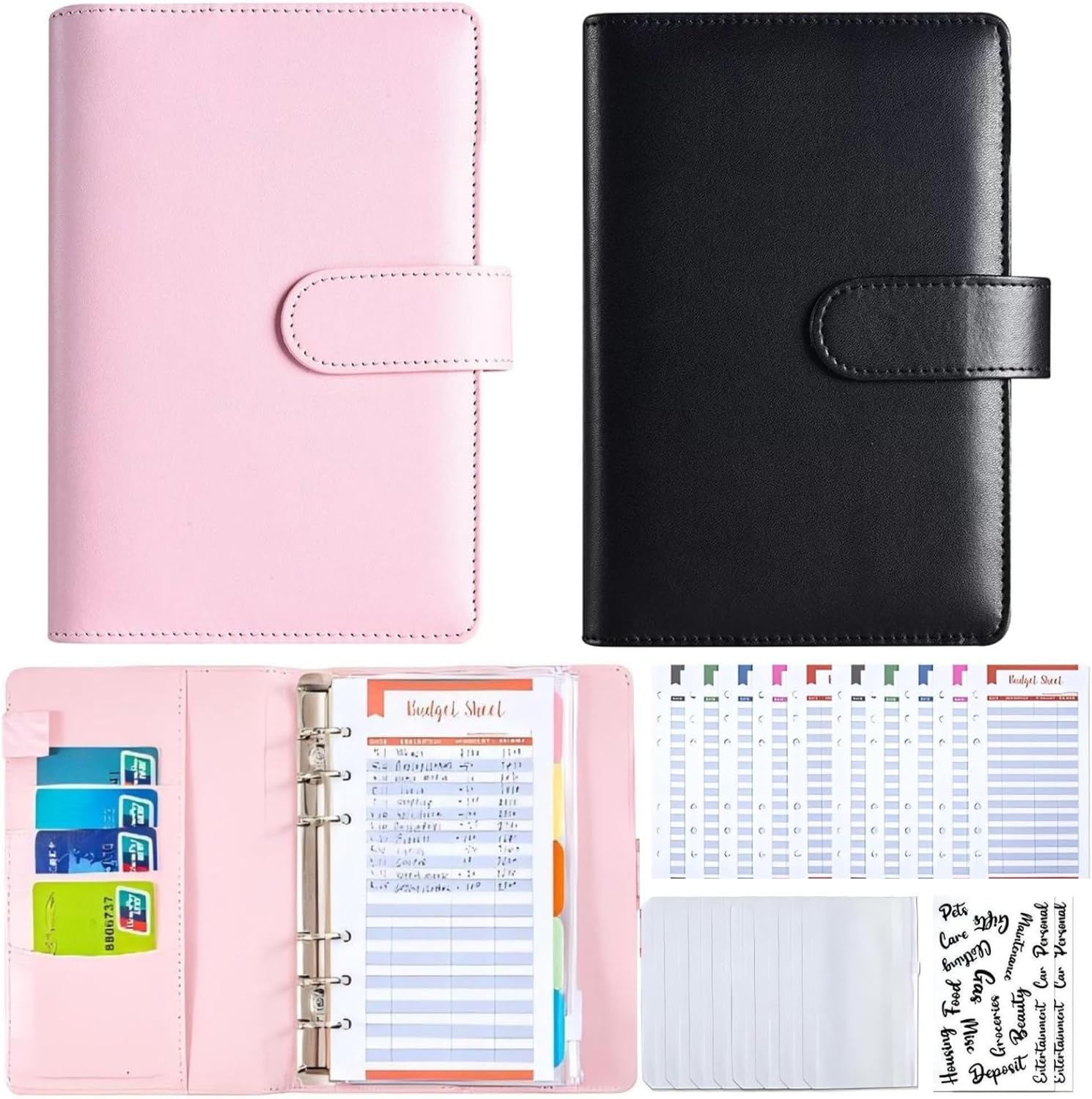 2 Set Budget Binder, Money Saving Binder with Zipper Envelopes, Cash Envelopes and Expense Budget Sheets for Budgeting (Black+Pink)