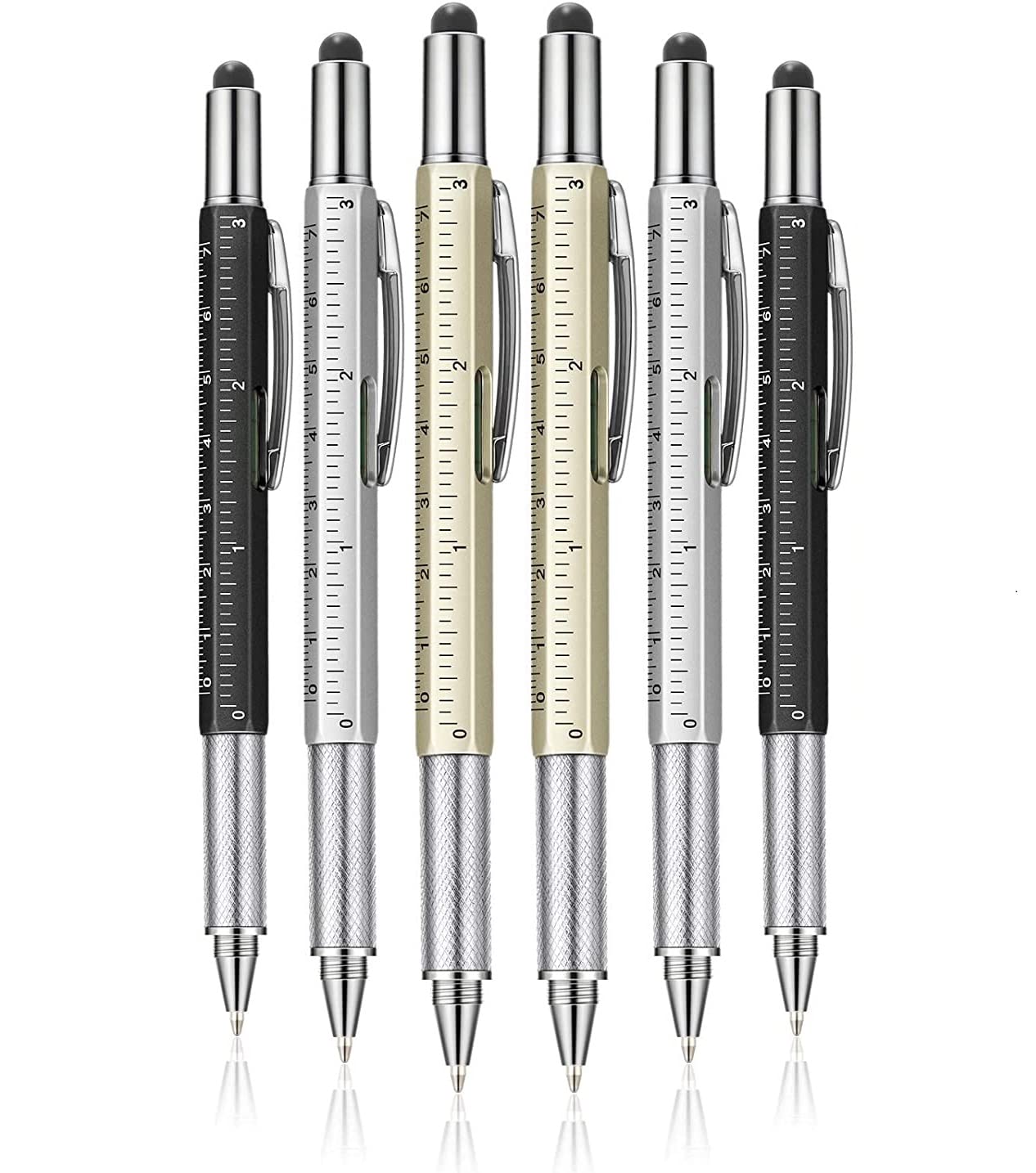 Stylus Pen, 6-in-1 Multi-Functional, Ballpoint, Stylus, Ruler, Level, Phillips Screwdriver, Flathead Screwdriver. (3 Pcs, Multicolor)