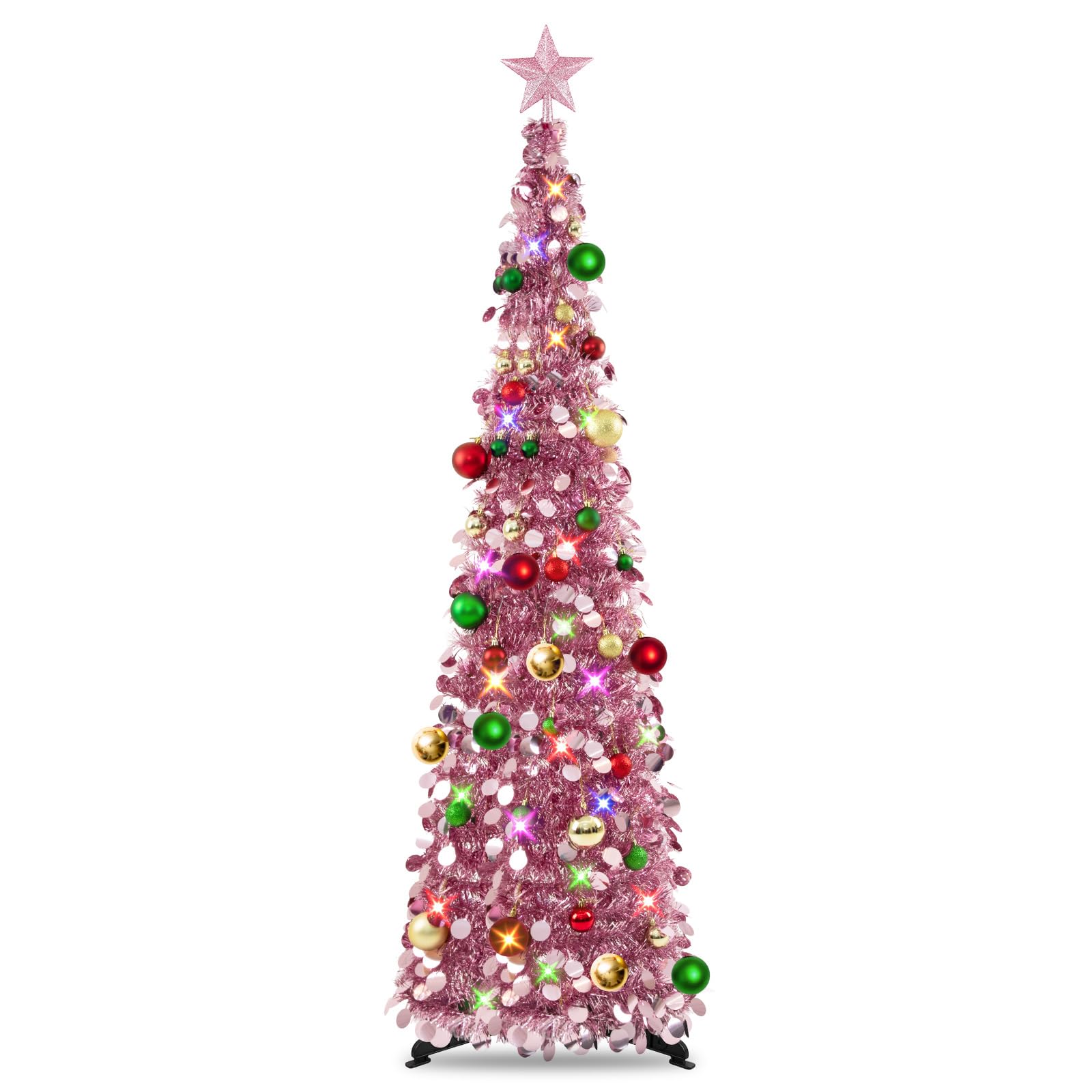 MACTING Künstlicher Weihnachtsbaum Mit Beleuchtung,5Ft Künstlich Tannenbaum | Roségold Pop up Christbaum Mit Sternspitze und 30 Weihnachtskugeln, Zusammenklappbarer, Einfache Montage,Weihnachtsdeko