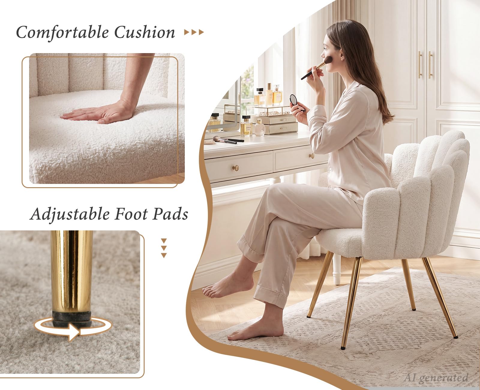chairus Poltrona Salotto Poltrona Imbottita in Pelliccia Sintetica Sedia da Salotto con Gambe in Metallo Sedie per Camera da Letto/Soggiorno, Bianco