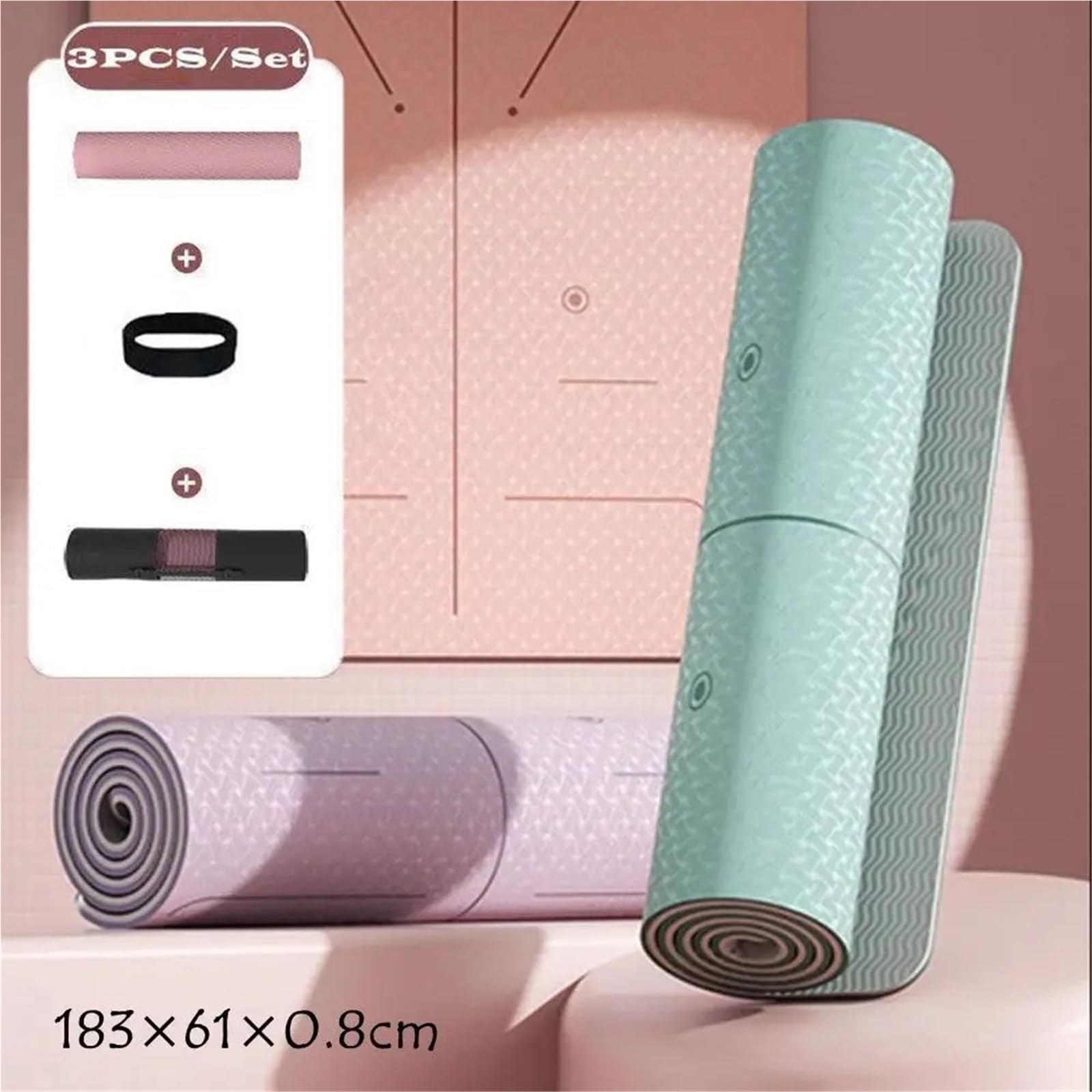 Tappetino da yoga antiscivolo, spessore 8 mm, per pilates, resistenza agli urti, double face, per esercizi di fitness