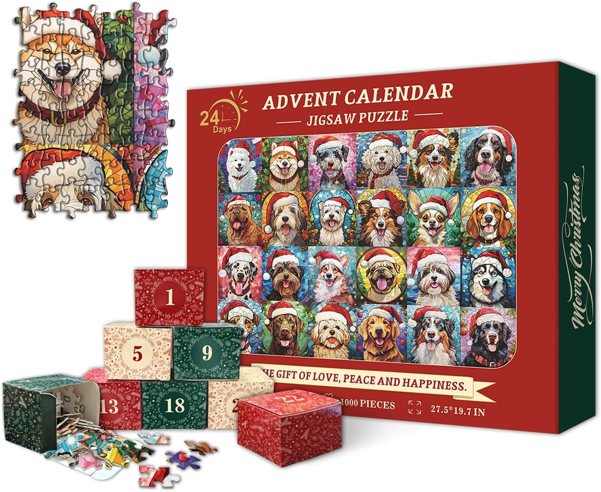 Kerstadventskalender voor honden, 1000 stukjes, adventskalender puzzel, 24 kalenderdozen, Kerstmis, hondenpuzzel, kerstcadeaus voor volwassenen en kinderen
