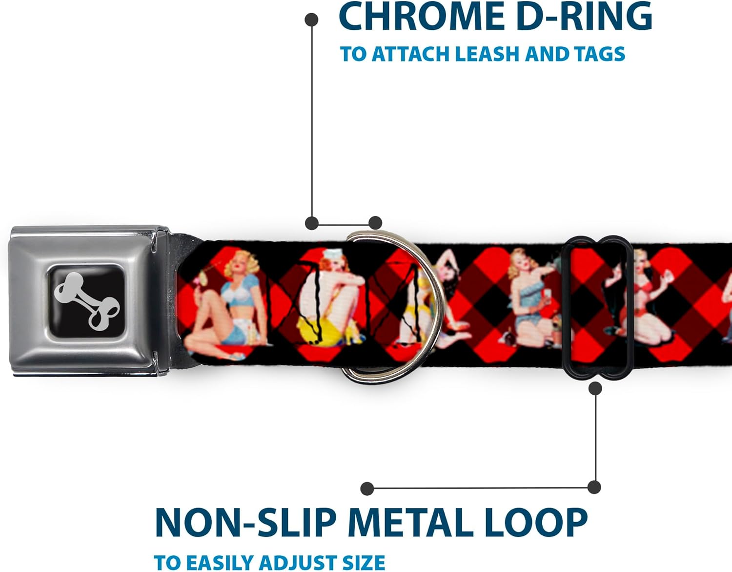 Dog Collar Seatbelt Buckle Pin Up Girl Poses Buffalo Plaid Blocks Black Red 16 to 23 Inches 1.5 Inch Wide