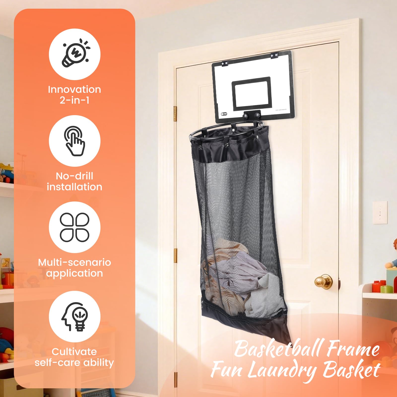 Cesto portabiancheria da appendere alla porta, 2 in 1, in legno, con cerniera sopra la porta, senza trapano, per camera da letto e bagno