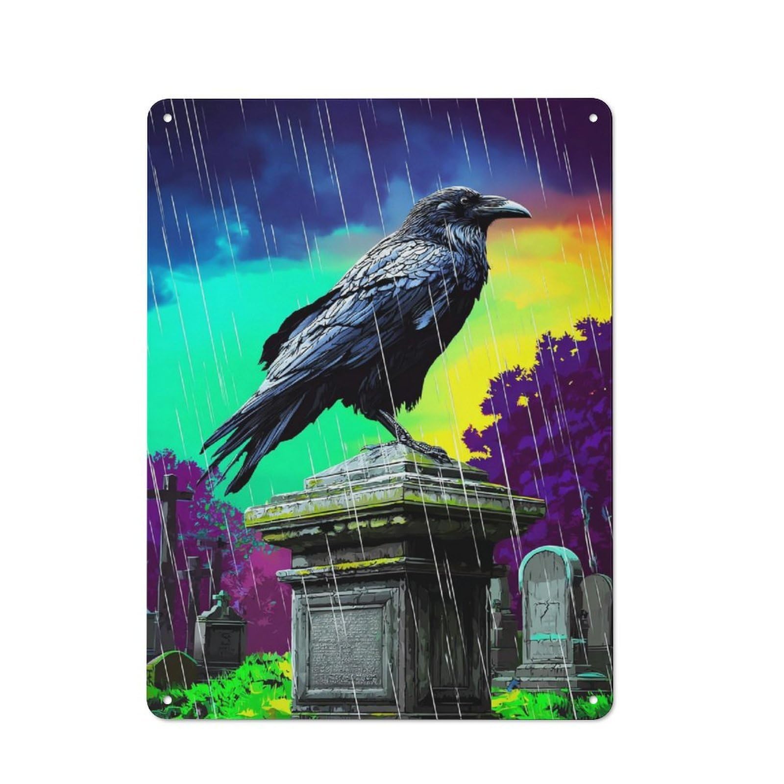 Junmoney Rainbow Graveyard Raven-1 Understated Decorative Metal Sign 40X30cm Featuring Study Room Decor For Workspace, Cafe, Shop Or Desk Area