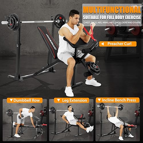Miniatura 2 de OPPSDECOR Juego de banco de pesas ajustable, juego de prensa de banco multifuncional de 900 libras con estante para sentadillas y almohadilla de