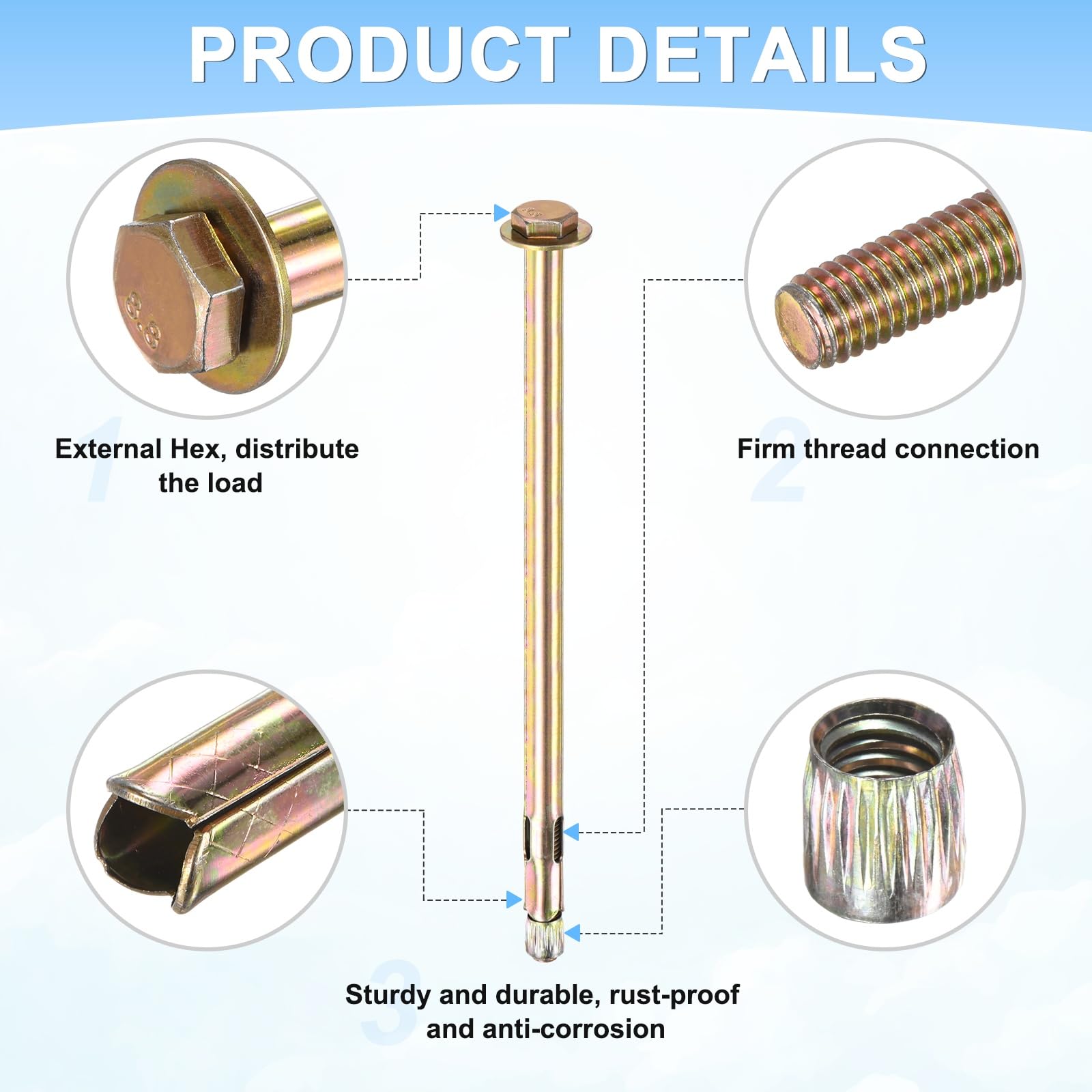 M METERXITY 20pcs Bullone A Espansione Esagonale, M8x200mm Acciaio Zincato Ferro-Carbonio Bulloni A Espansione Esagonali Esterni Con Chiave Da 14mm, Bullone Metallico Anti-Corrosione