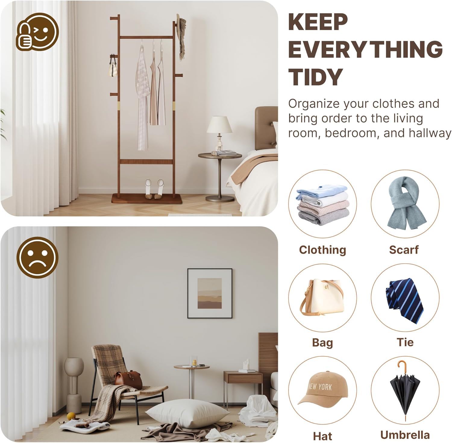 CHANCEE Solid Wood Coat Rack, Freestanding Clothes Rack with Shoe Storage, Heavy-Duty Hall Tree with 5 Hooks, Corner Coat & Hat Stand for Bedroom, Entryway, Living Room, Hotel